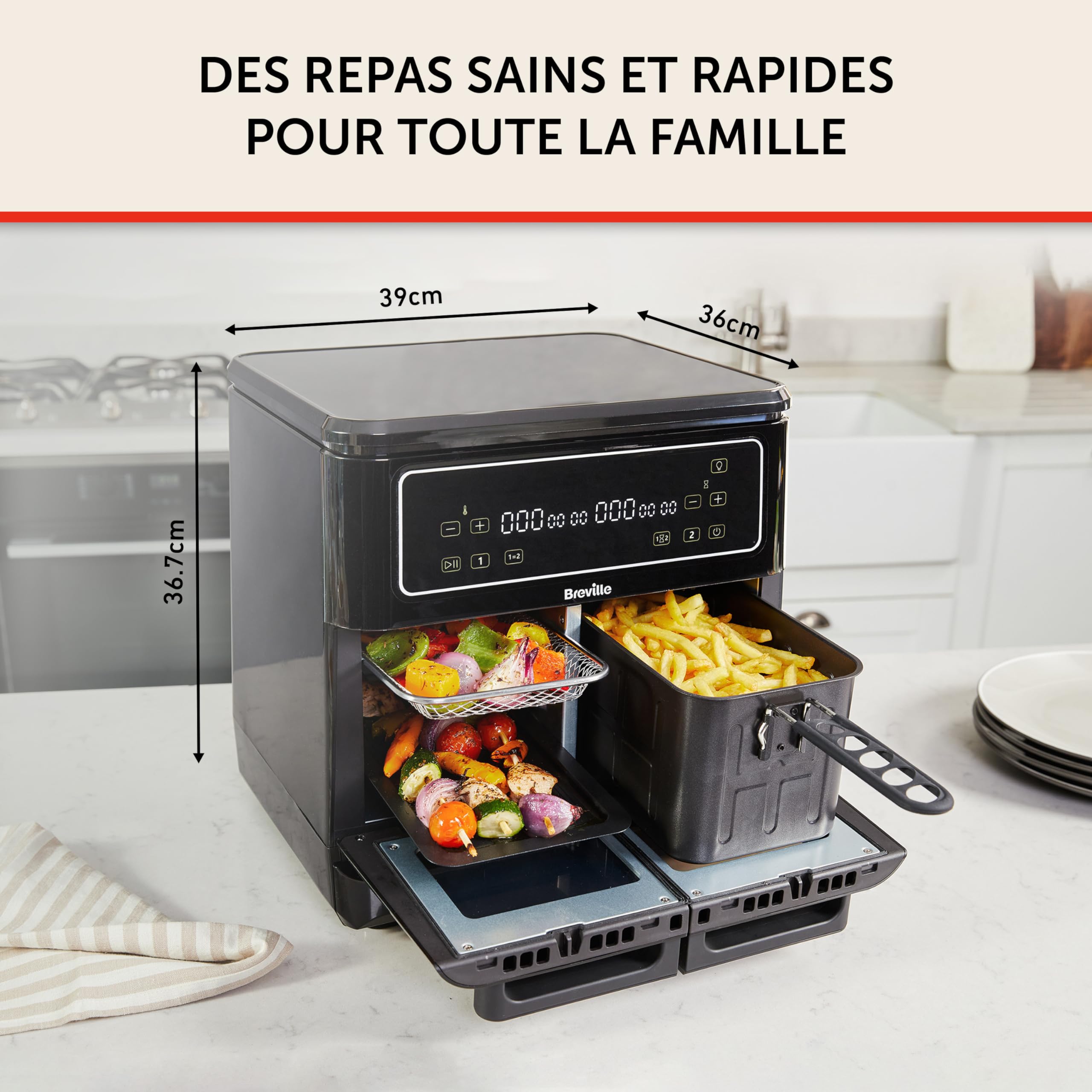 Breville Heißluftfritteuse Halo Flexi | Digitale Doppelkammer-Heißluftfritteuse | 11 l Air Fryer: Für mehr als 10 Personen | FrittierenBackenGrillenBratenRöstenAufwärmen | 2400 W [VDF130X]