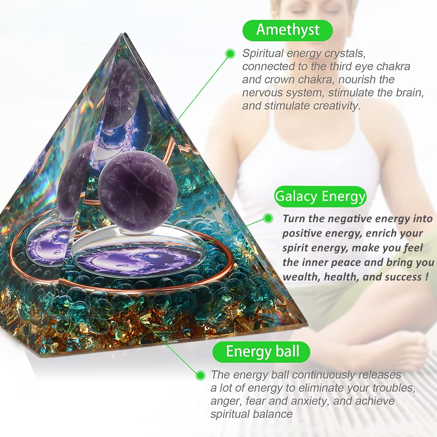 HuiJuKeJi orgonite Piramide cristalloterapia Pietre e Cristalli con Sfera di Ametista Pietre Chakra di Cristallo dell'albero della Vita per l'energia positiva Chakra Healing Meditazione Yoga -6CM