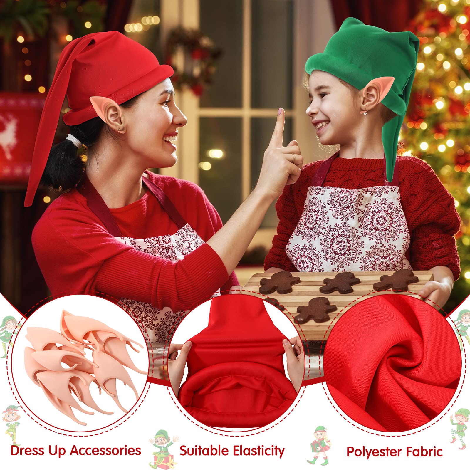 Unittype 14 Pcs Christmas Dwarf Costume Set 7 Halloween Dwarf Gnome Elf Hat 7 Fairy Pixie Elf Ear Pointed Ear(Red, Green)