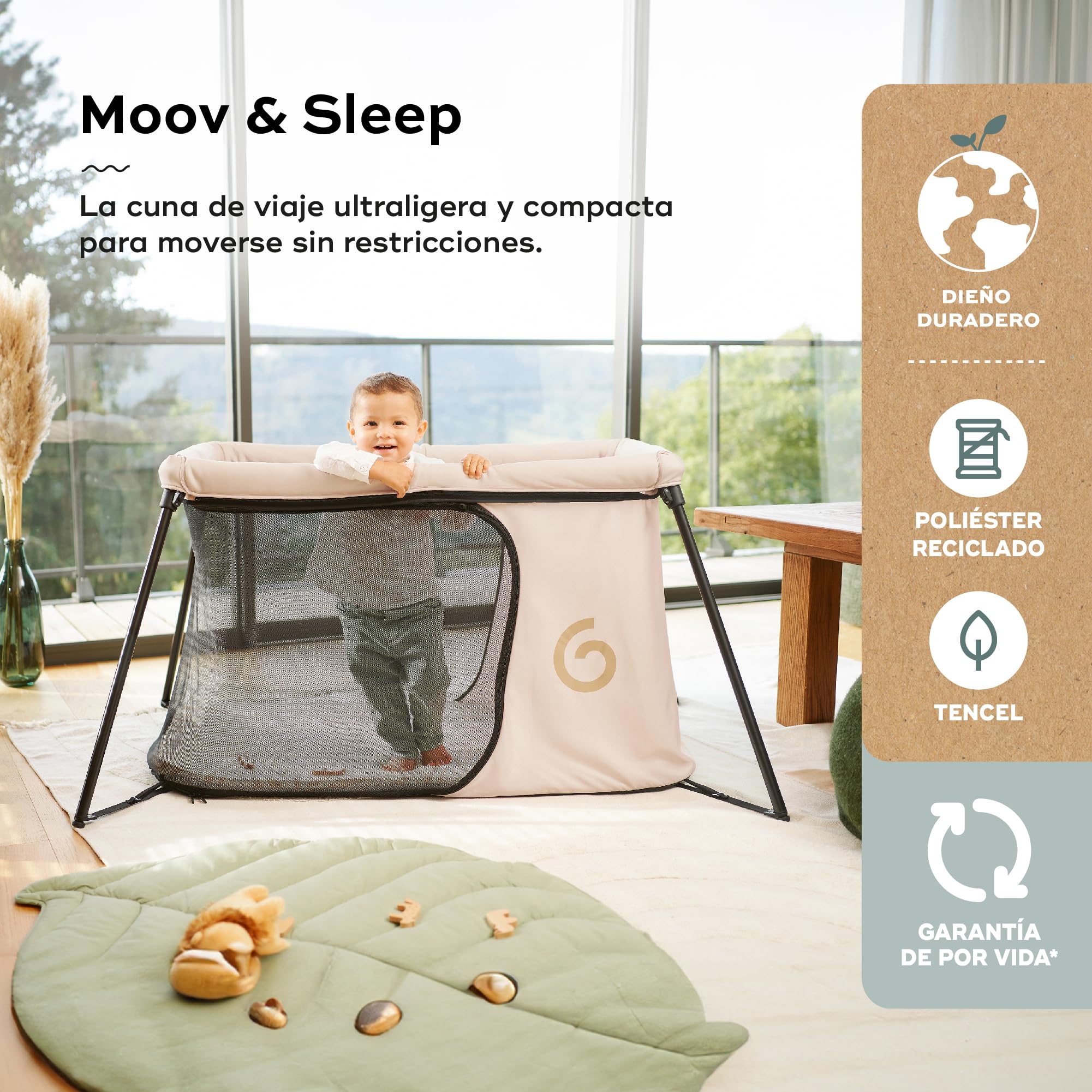 Babymoov Cuna Moov & Sleep, compacta y ligera (<5kg), Rápida de montar y plegar, Desde el nacimiento hasta los 4 años, Convertible en zona de juegos, Confortable, Densidad del colchón de 25kg/ms