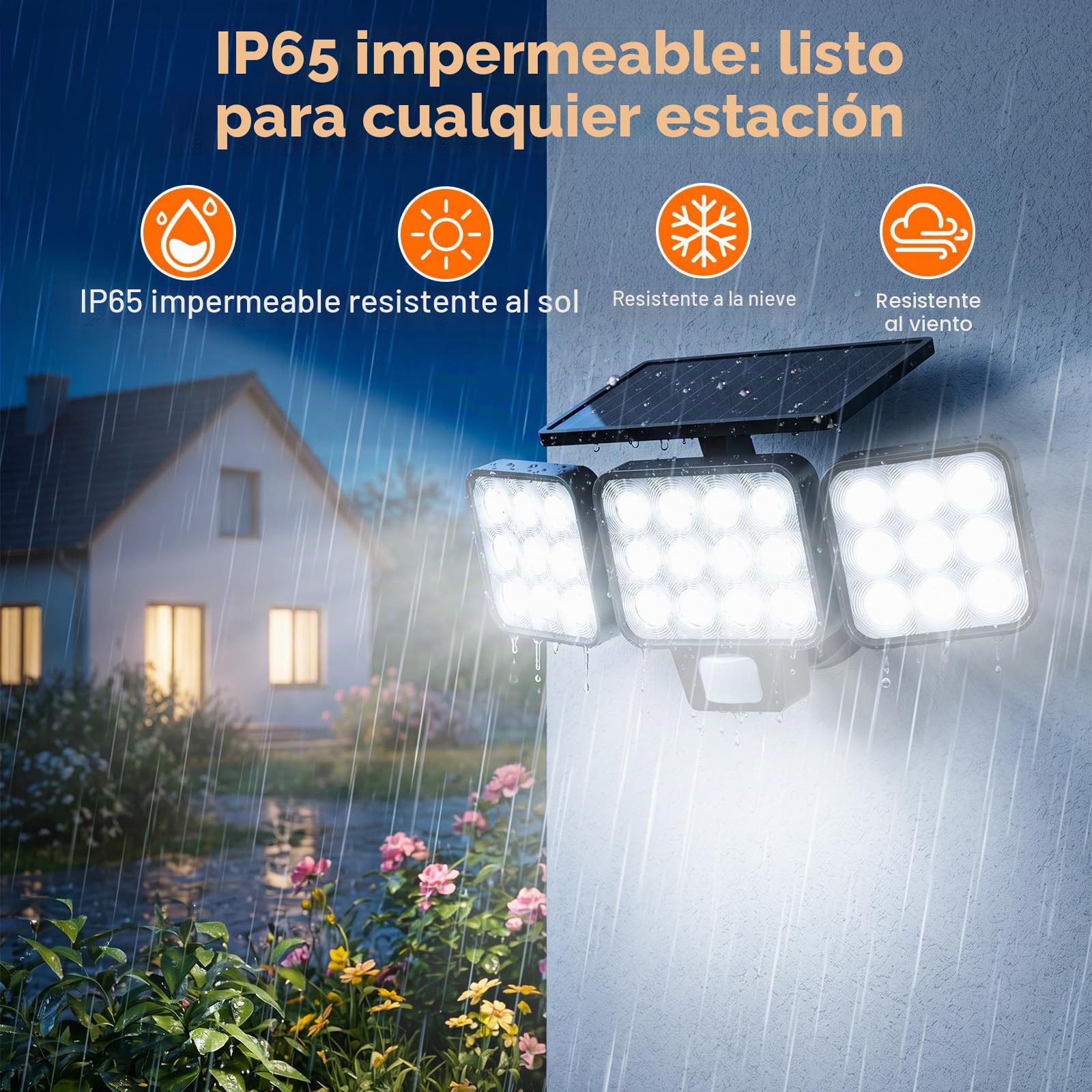 GEARLITE Luz Solar Exterior con Sensor de Movimiento 4 Piezas, Focos 120 LED Exterior Solares Potentes con 3 Modos, 3 Cabezas 270°Iluminación, IP65 Impermeable Lampara Solar Exteriores para Jardin