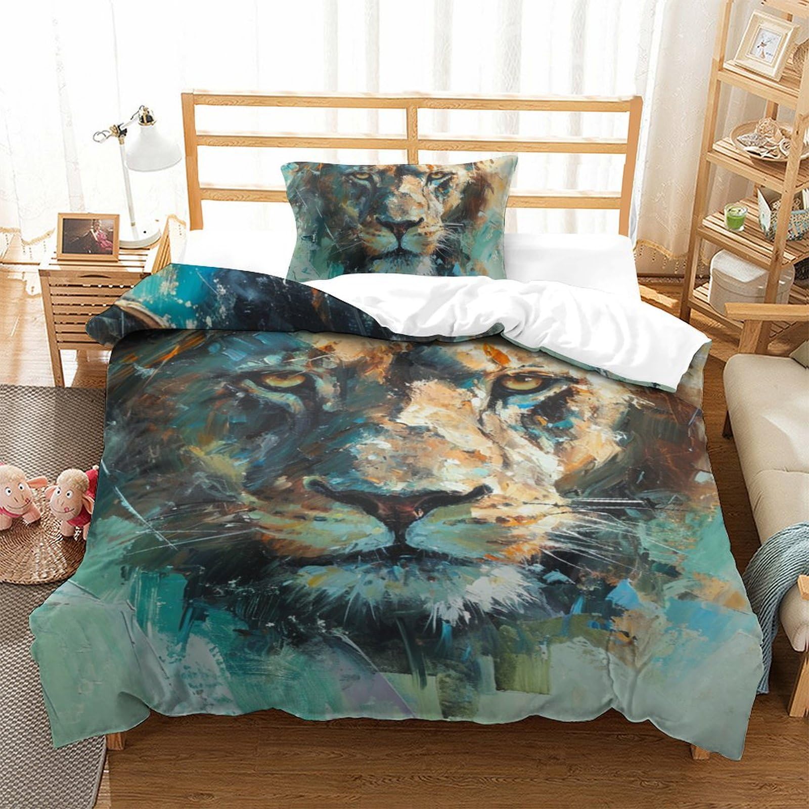 Parure de lit lion en microfibre douce avec housse de couette single 135x200cm et taie d'oreiller