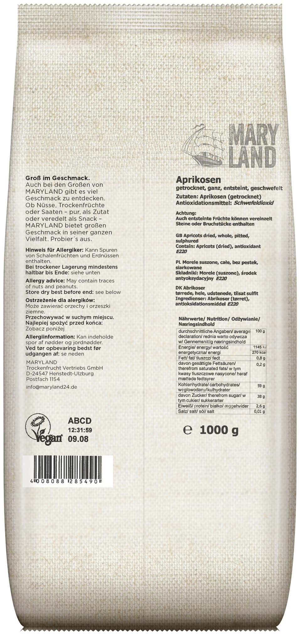 Maryland Aprikosen 1000g Beutel 4er Pack – Aprikosen geschwefelt, vegan, fruchtig süß– Im Vorratspack genießen (4 x 1000g)