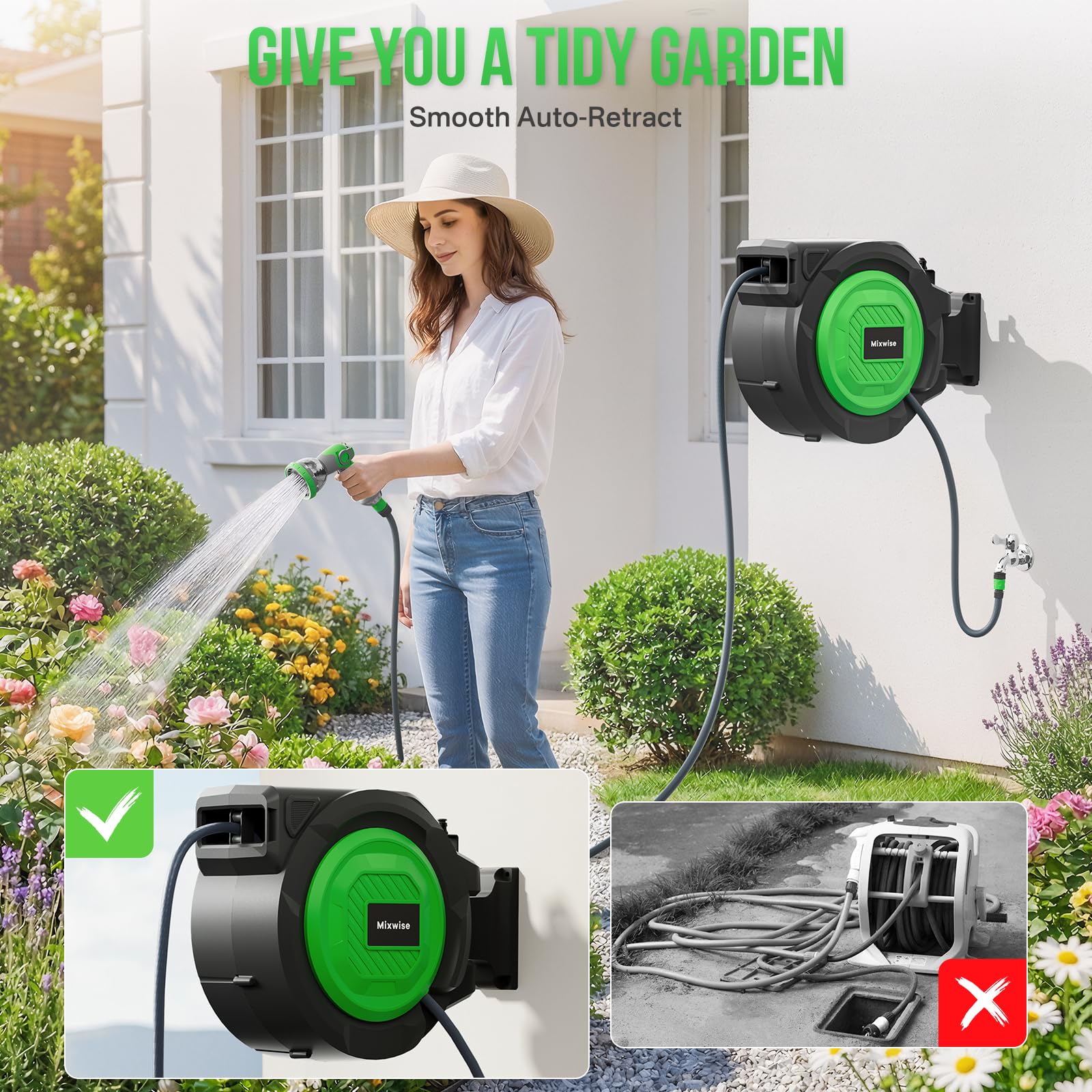 Retractable Garden Hose Reel, 1/2'' x 30m+2m Wall Mounted Hose Reel with 180° Swivel Bracket,10-Pattern Nozzle, Automatic Slow Return System, Any Length Lock, Hosepipes for Garden, Cleaning - 3