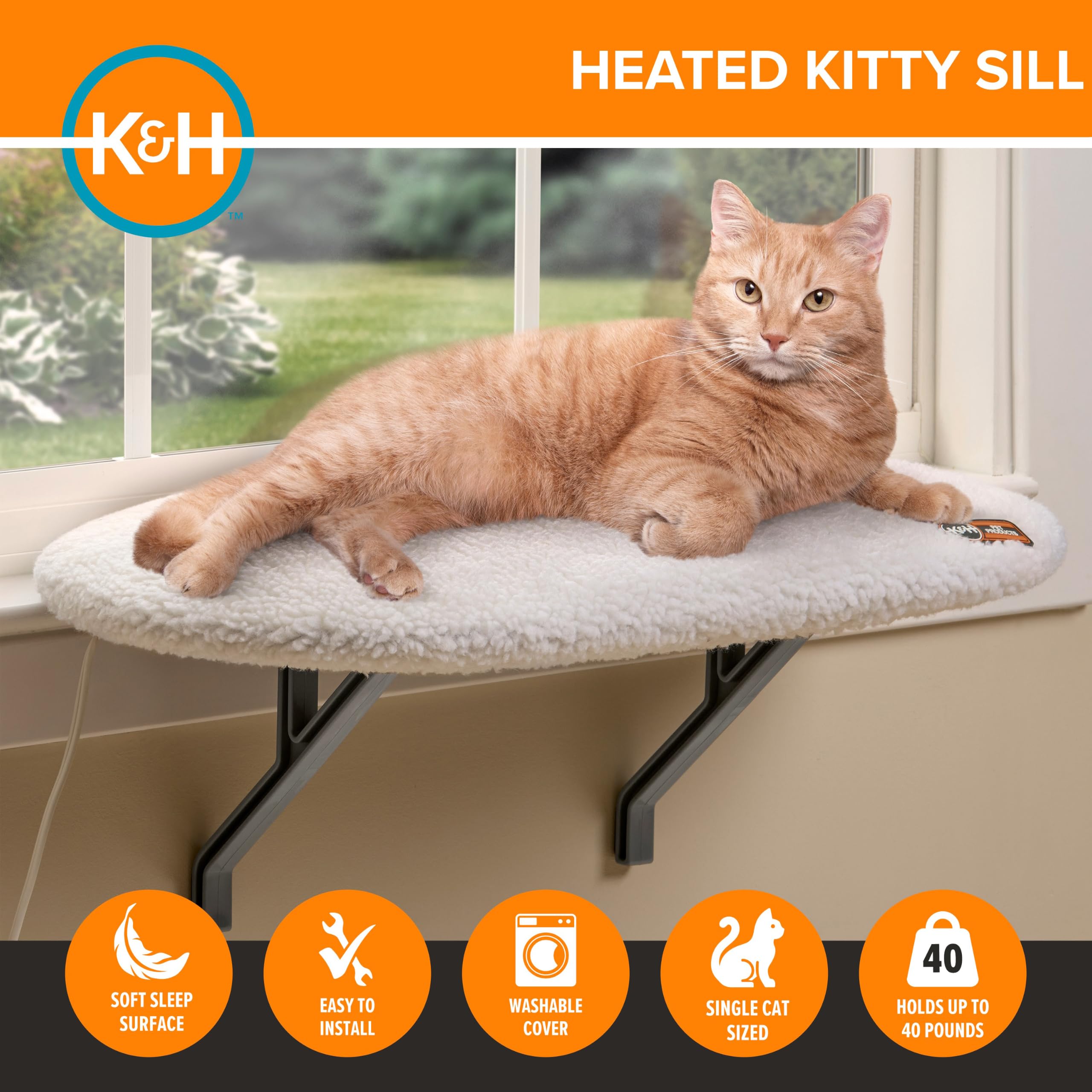 K&H Pet Products Kitty Sill - Percha térmica para gatos grandes, hamaca ortopédica para ventana con capacidad para 40 libras, funda lavable, asiento de cama para interiores – forro polar crema,