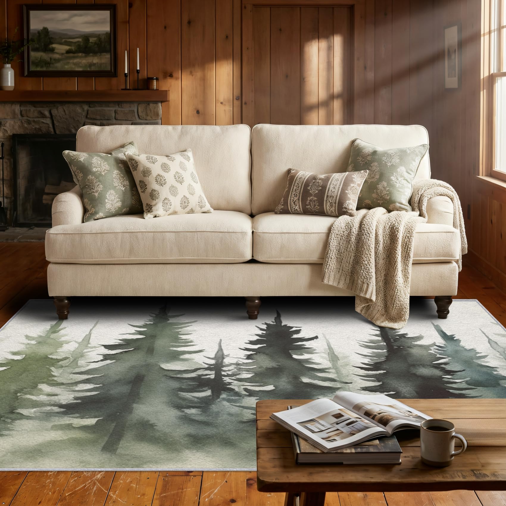 2x3 Washable Pine Tree Area Rug, Forest Woodland Scenic Rug for Living Room & Bedroom, Soft Low Pile Non Slip Indoor Carpet, Nature Green Home Decor