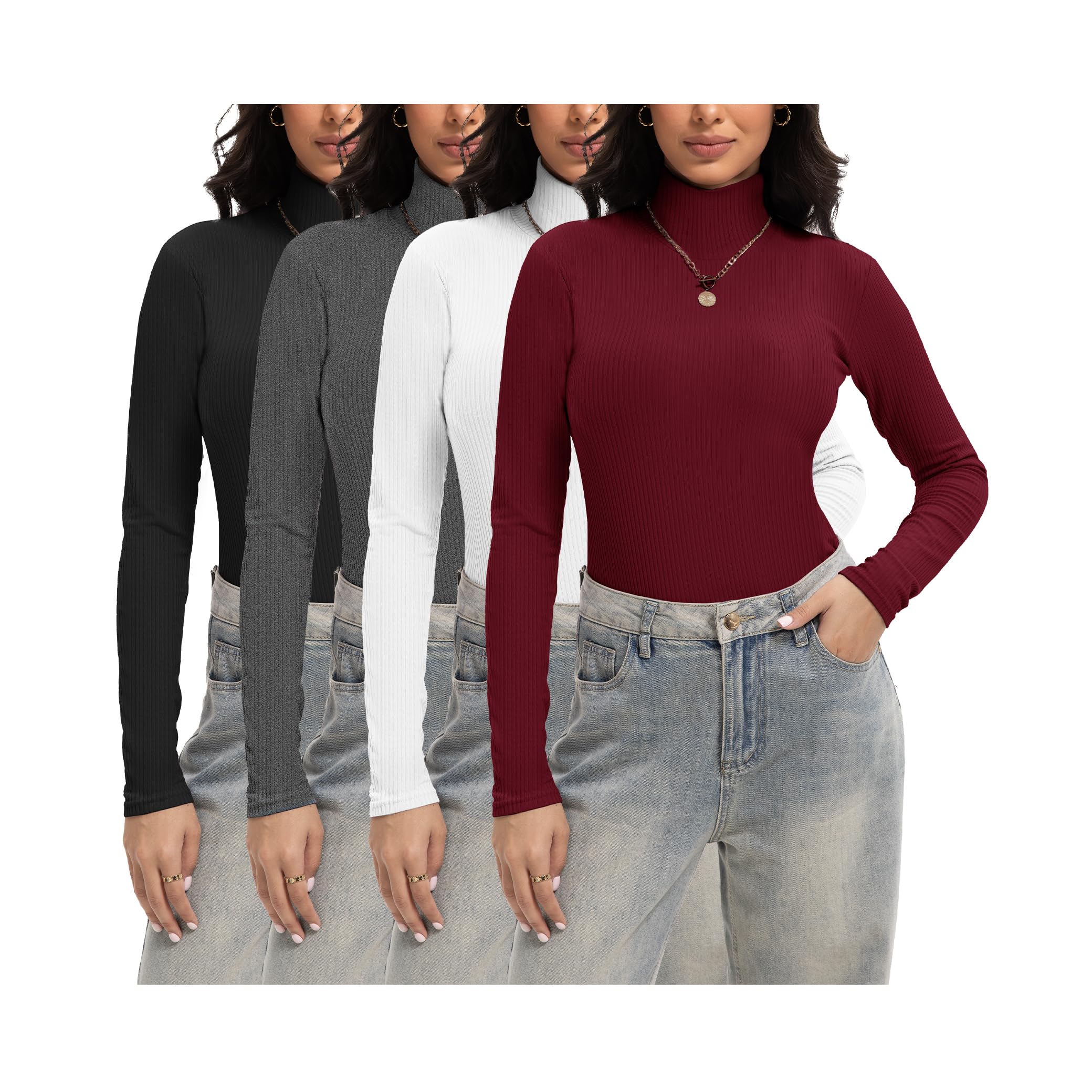 1 4 Pack Womens Ribbed Turtleneck Long Sleeve Shirts Basic Tops Fitted Stretch Sweater