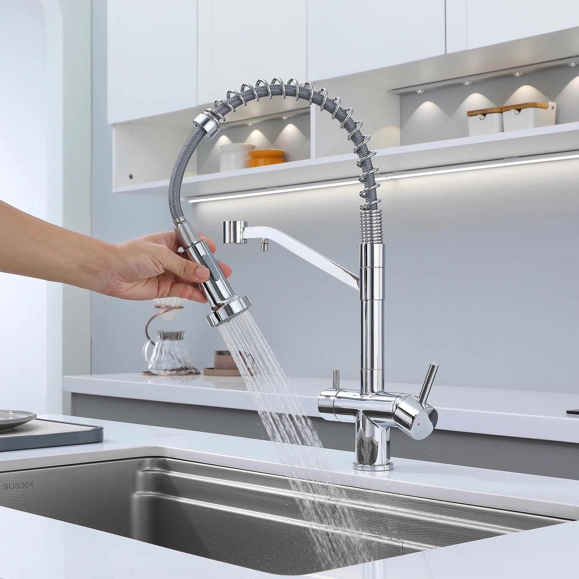 Grifo de Cocina 3 Vías para Ósmosis, Flexible, Latón Cromado | Agua fría, caliente y filtrada por conductos y salidas separadas, con rociador de 2 modos para limpiar con mayor alcance