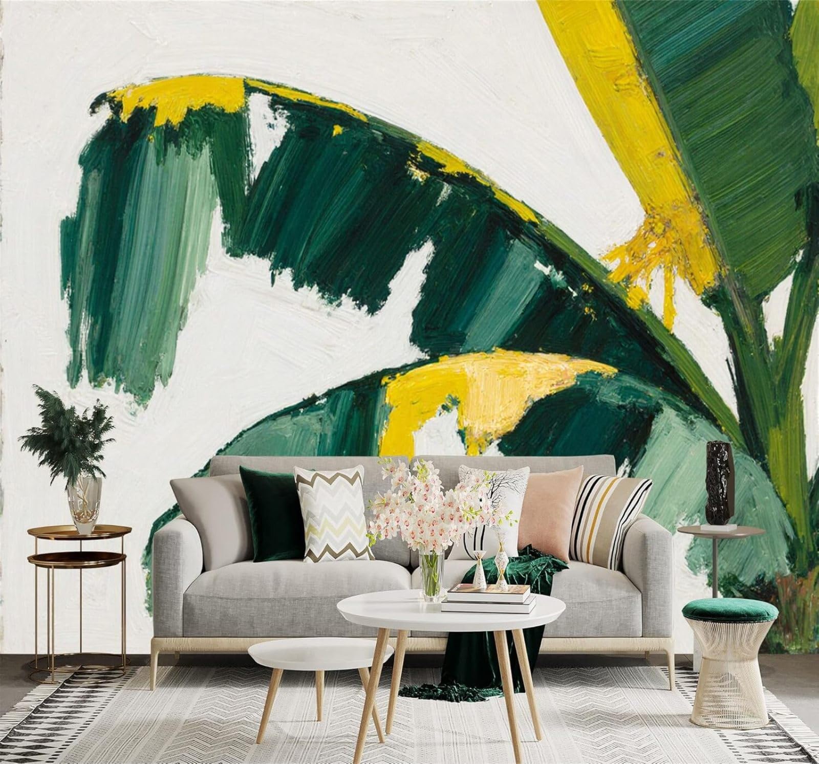 Yuemingdi 350Cm×256Cm(B×H) 3D Wallpaper Hand Painted Tropical Plants Green Yellow Banana Leaves