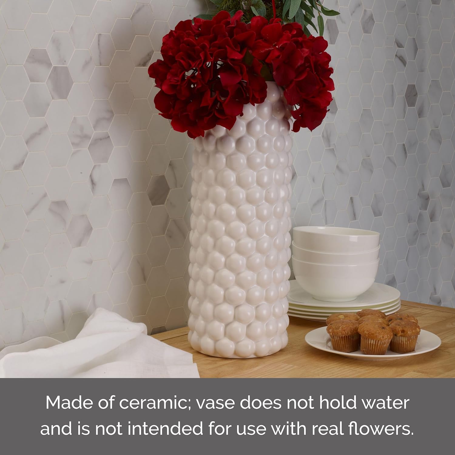 Elements Ceramic Textured Dot Vase, for Use with Dried or Faux Flowers and Greenery, 5.91x5.91x15.94 Inch, White