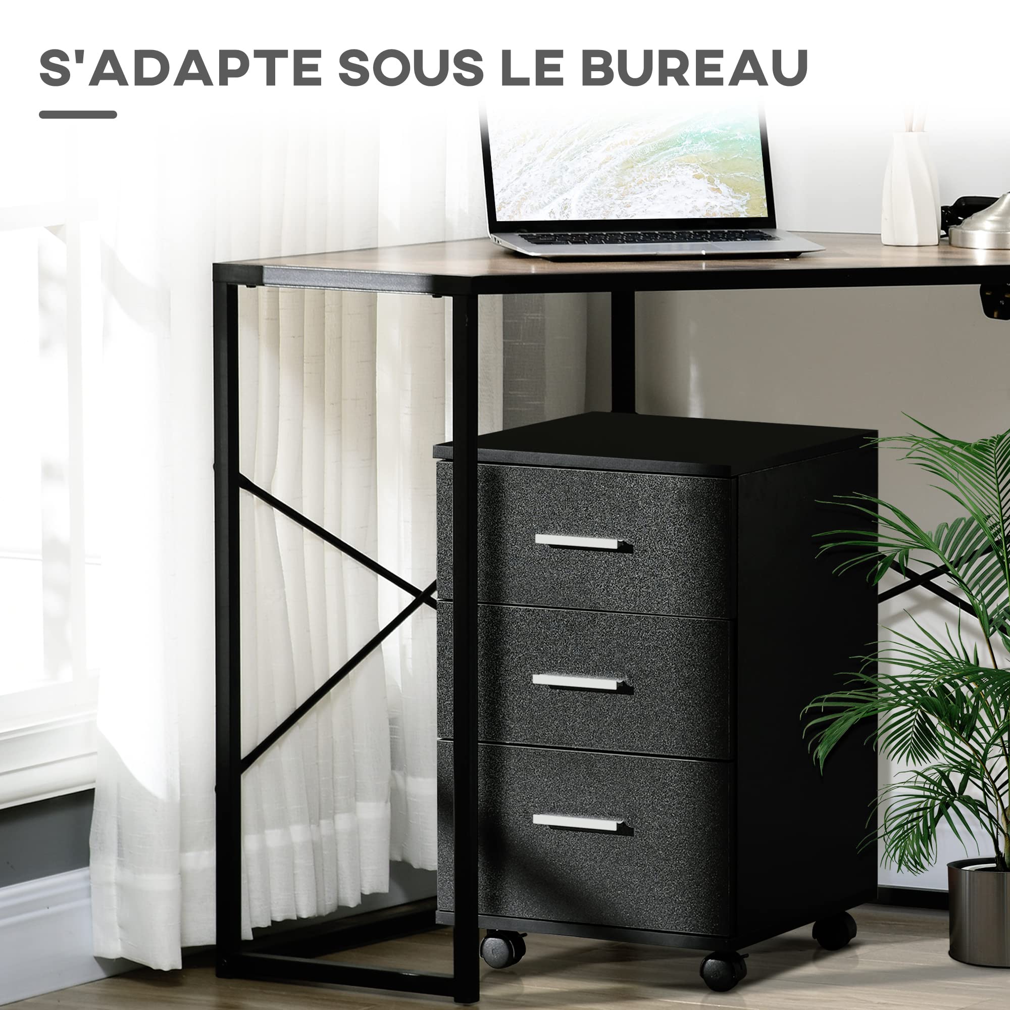 Vinsetto Caisson de Bureau sur roulettes 3 Tiroirs 40 x 40 x 61,5 cm Noir | Rangement Bureau, Tiroirs Verrouillables