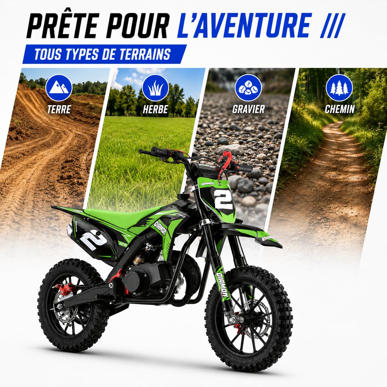 Mini Cross Enfant 49cc Orion RX49 – Pocket Bike Thermique 2 Temps, Démarrage Facile, Freins à Disque, Limiteur Vitesse 3 Pos., Amortisseur Hydraulique – Vert