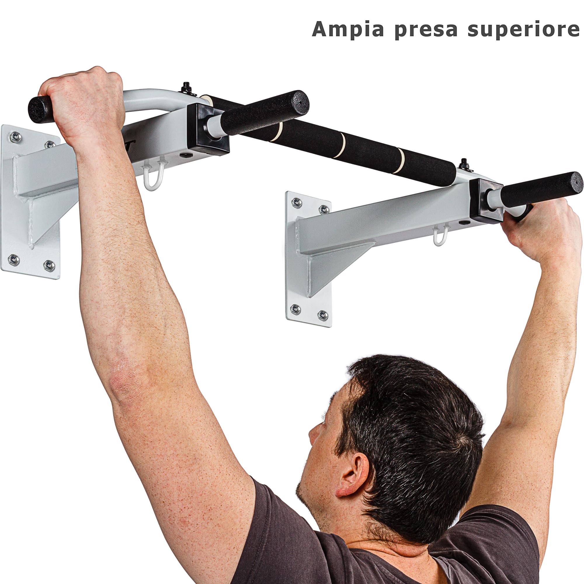 MOVIT Barra per Trazioni - a Muro, Professionale, Carico Massimo 350 kg, in Acciaio, Multifunzione, Antiscivolo, con Gancio e Viti - Sbarra per Sollevarsi, Allenamento, Fitness, Pull up Bar, Chin Up