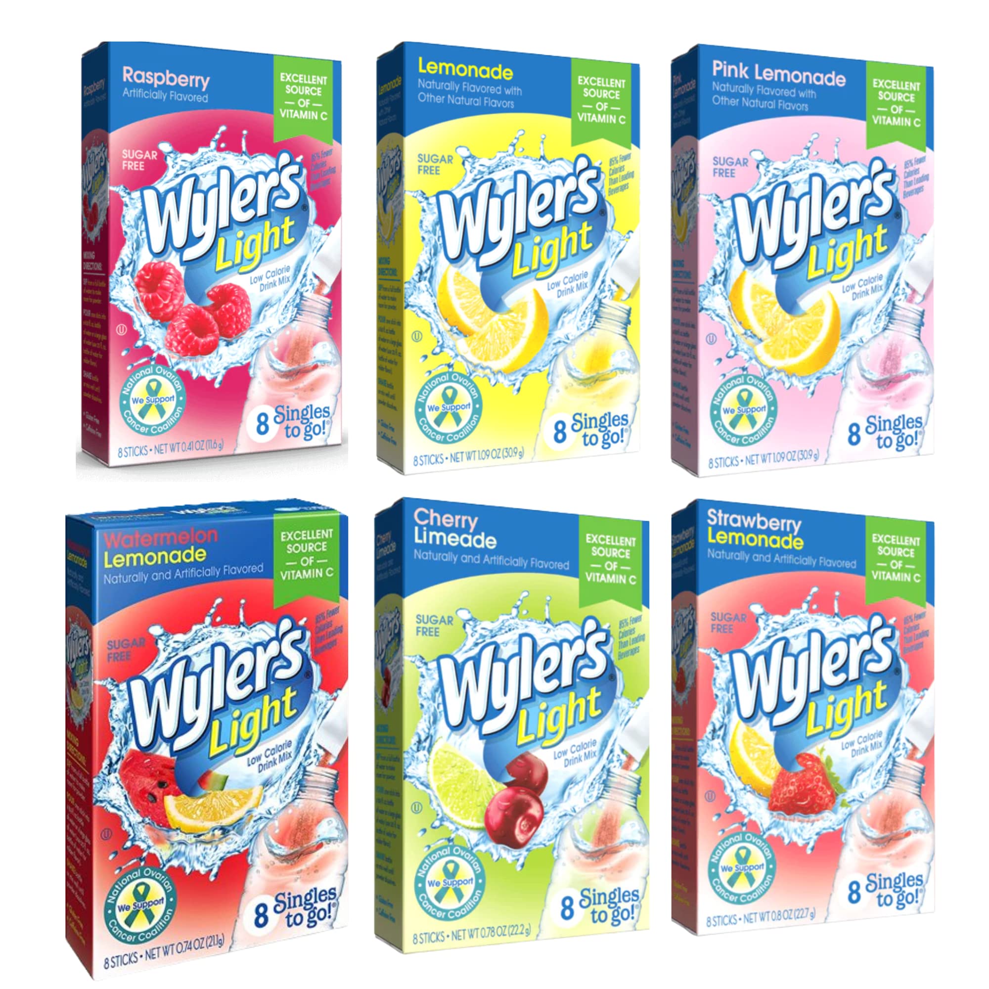 Singles To Go Drink Mix Bundle. 6 Boxes of Wyler's Light Singles To Go Drink Mix & a BELLATAVO Recipe Card. One of Each Flavor: Cherry, Lemonade, Strawberry, Raspberry, Watermelon and Pink Lemonade!