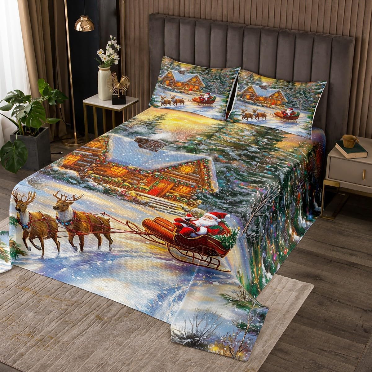 Homewish Rustic Truck Bedspread King Size,Christmas Tree Snowflake Quilt for Kids Boys Girls Room Decor,Merry Christmas Pink Plaid Bedding Set 3Pcs,Winter Xmas Theme Coverlet Set,2 Pillowcases