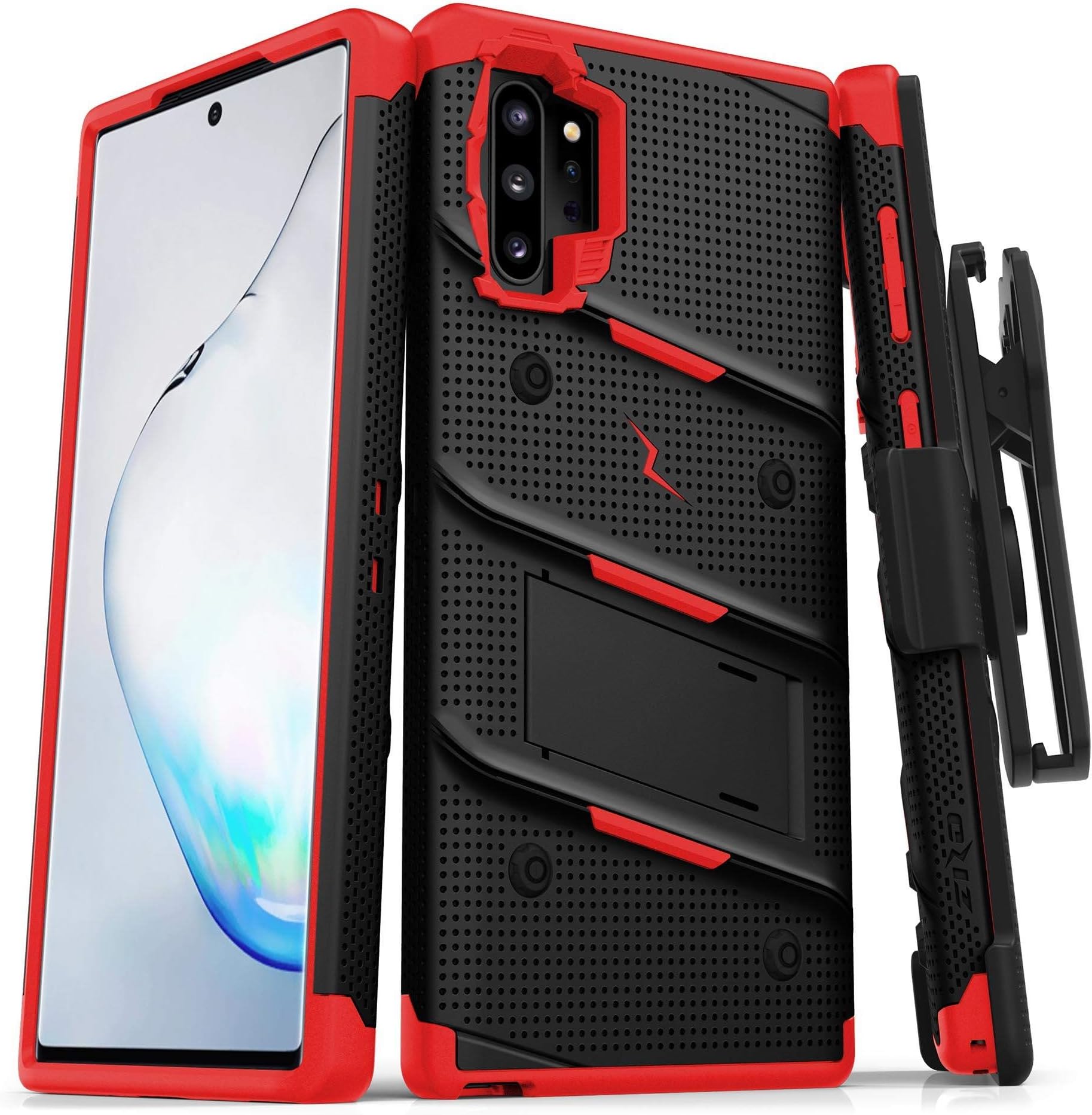 ZIZO Bolt Series for Samsung Galaxy Note 10 Plus Case | Heavy-Duty Military-Grade Drop Protection w/ Kickstand Included Belt Clip Holster Lanyard (Black/Red)