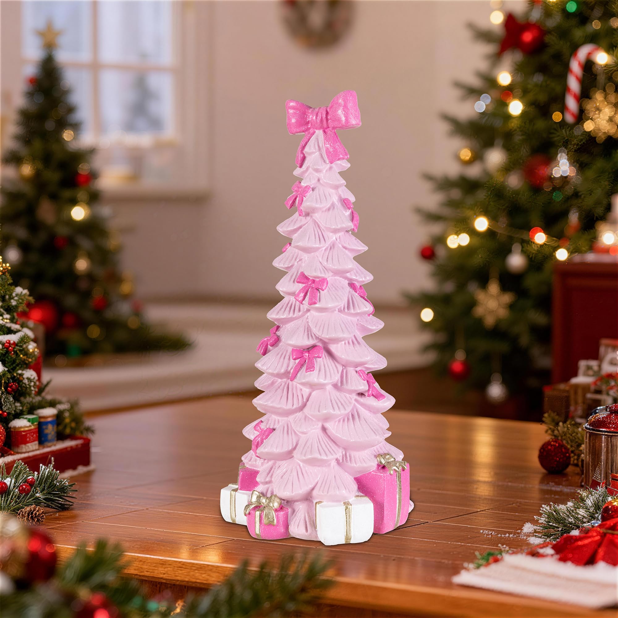 Glitzhome Figuras de resina de árbol de Navidad rosa de 38,73 cm de alto, centro de mesa de árbol de Navidad con lazo rosa brillante, decoración de Navidad hecha a mano para escritorio de vacaciones