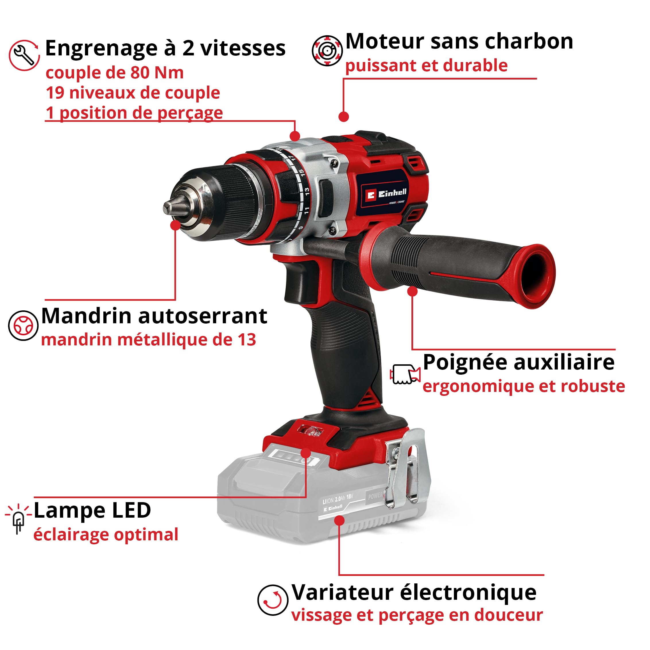 Einhell Professional Perceuse visseuse sans fil TP-CD 18/80 Li BL-Solo Power X-Change (18V, moteur Brushless, couple 80 Nm, Mandrin 13mm) Livré sans Batterie ni Chargeur