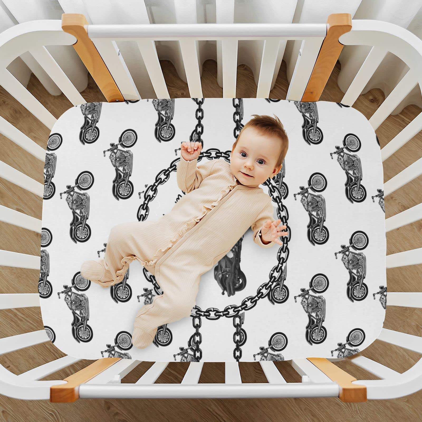 Personalized Motorcycle Pack and Play Sheets for Baby Boy, Customized Stretchy Pack n Play Sheets with Name, Mini Crib Sheets, Soft Breathable Playpen Playard Mattress Sheets, Mini Crib Sheets