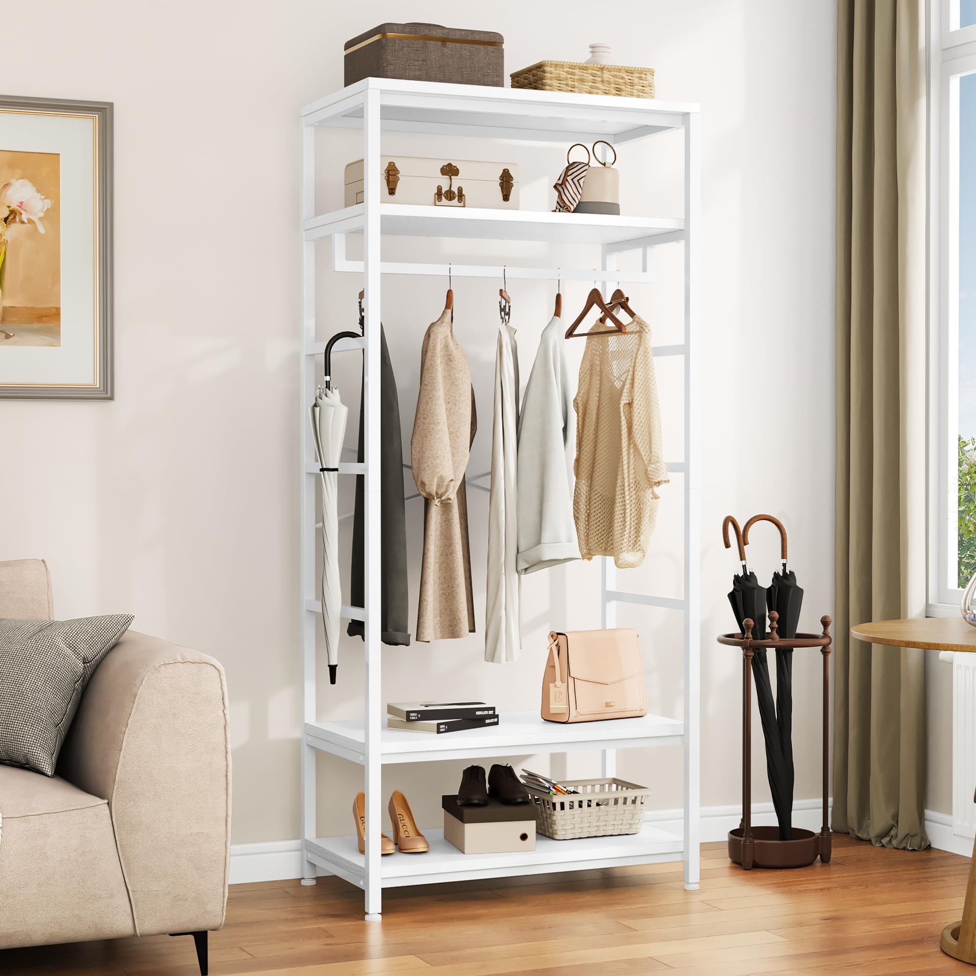 Yitahome White Coat Rack Stand With Shoe Storage, Floorstanding Hall Tree With 2 Shelves Industrial Clothes Rail Garment Rack Clothing Storage Shelving Unit For Entryway Hallway Bedroom Living Room,