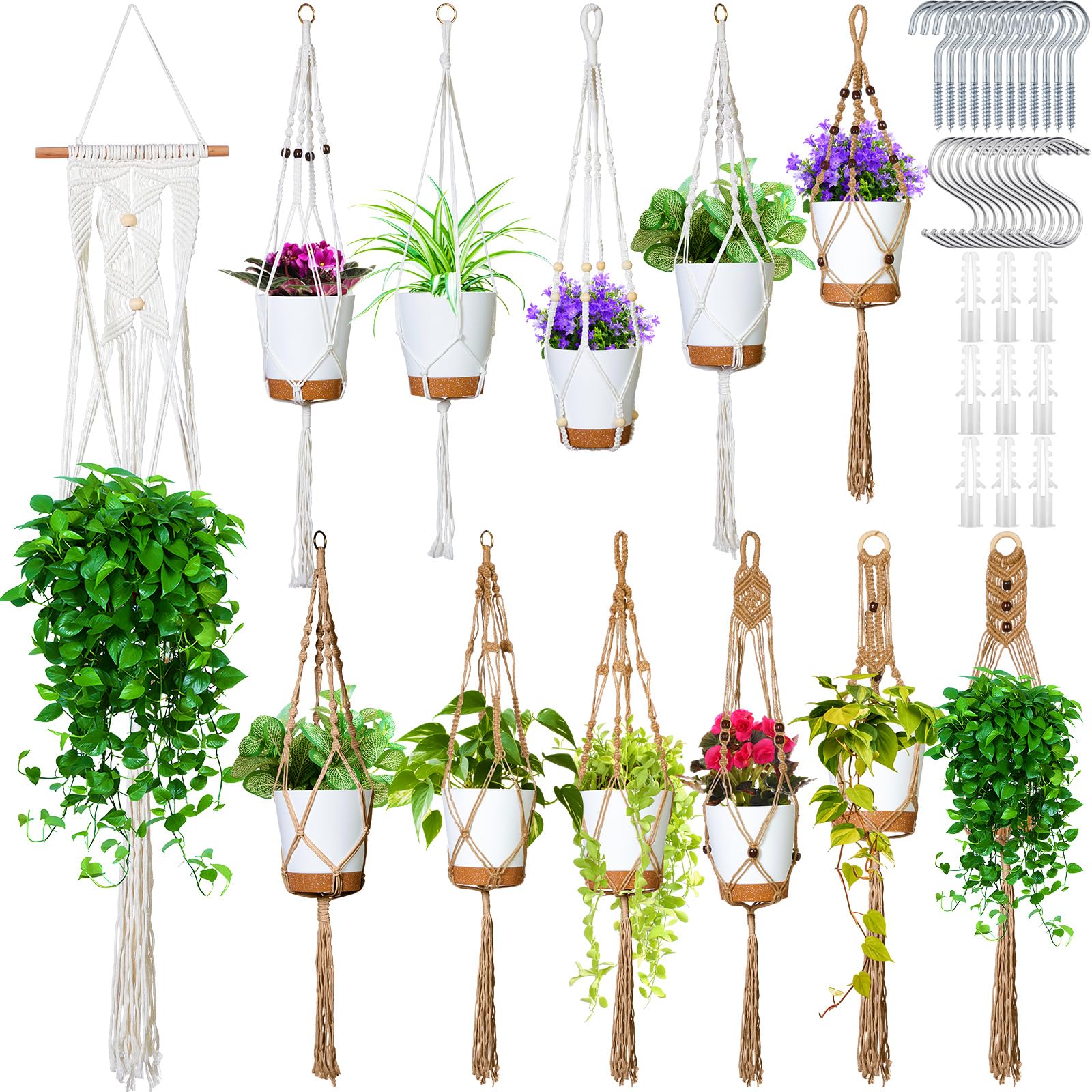 Hoteam 12 Pcs Macrame Plant Hangers Macrame Hanging Planters for Indoor Plants Handmade Boho Hanging Baskets Flower Pots Holder for Outdoor Home Wall