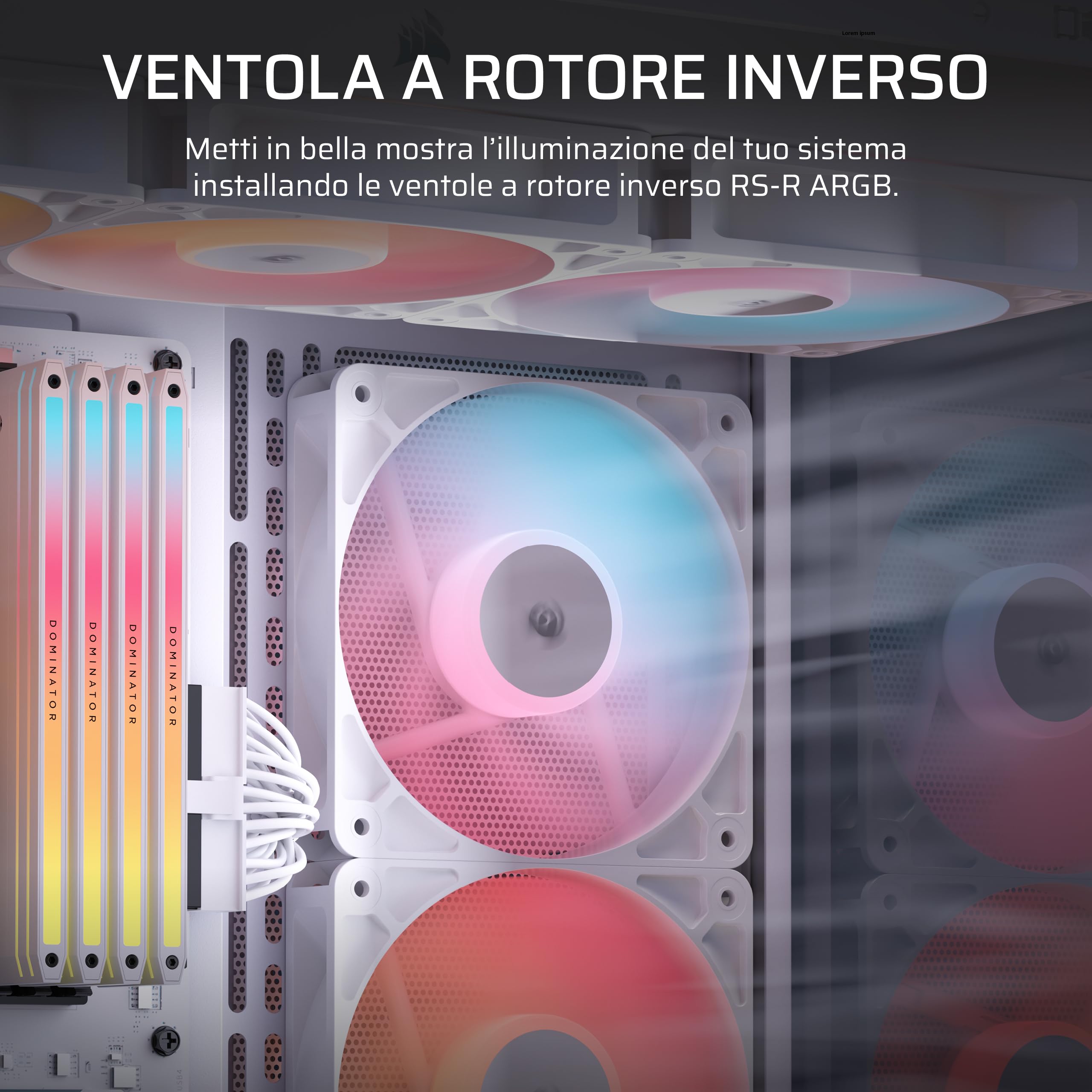 CORSAIR RS120-R Ventole ARGB PWM 120mm Inverse Flow – 3 Pezzi – 8 LED RGB, Connessioni ARGB a +5V, Alta Pressione Statica, Daisy-Chain, Cuscinetto Magnetico, Modalità Zero RPM – Bianco