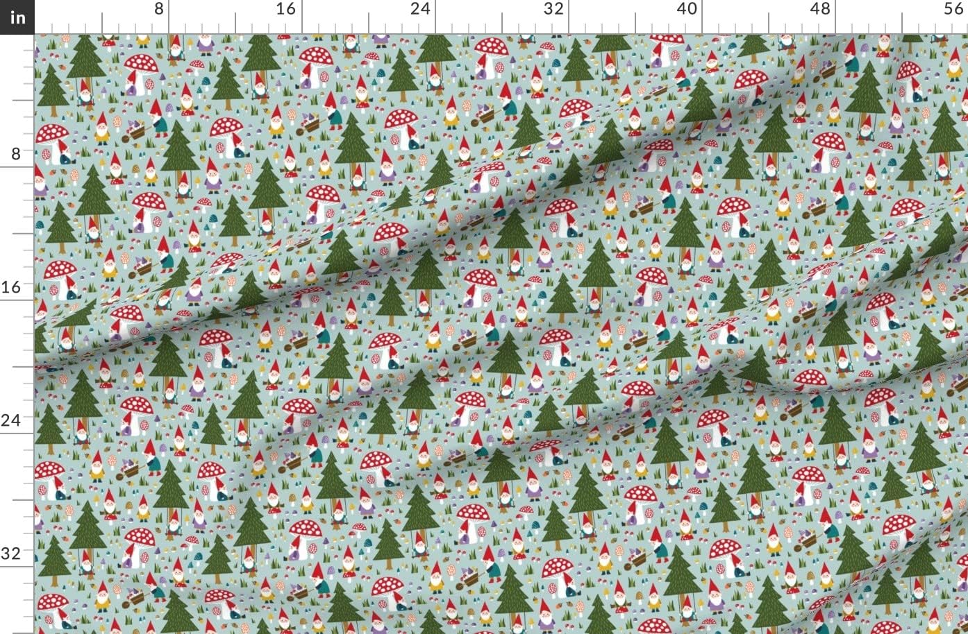 Spoonflower Fabric - Happy Gnomes Playing Gnome Mushroom Forest Nature Printed on Organic Cotton Sateen Fabric by The Yard - Sewing Quilting Apparel Home Decor