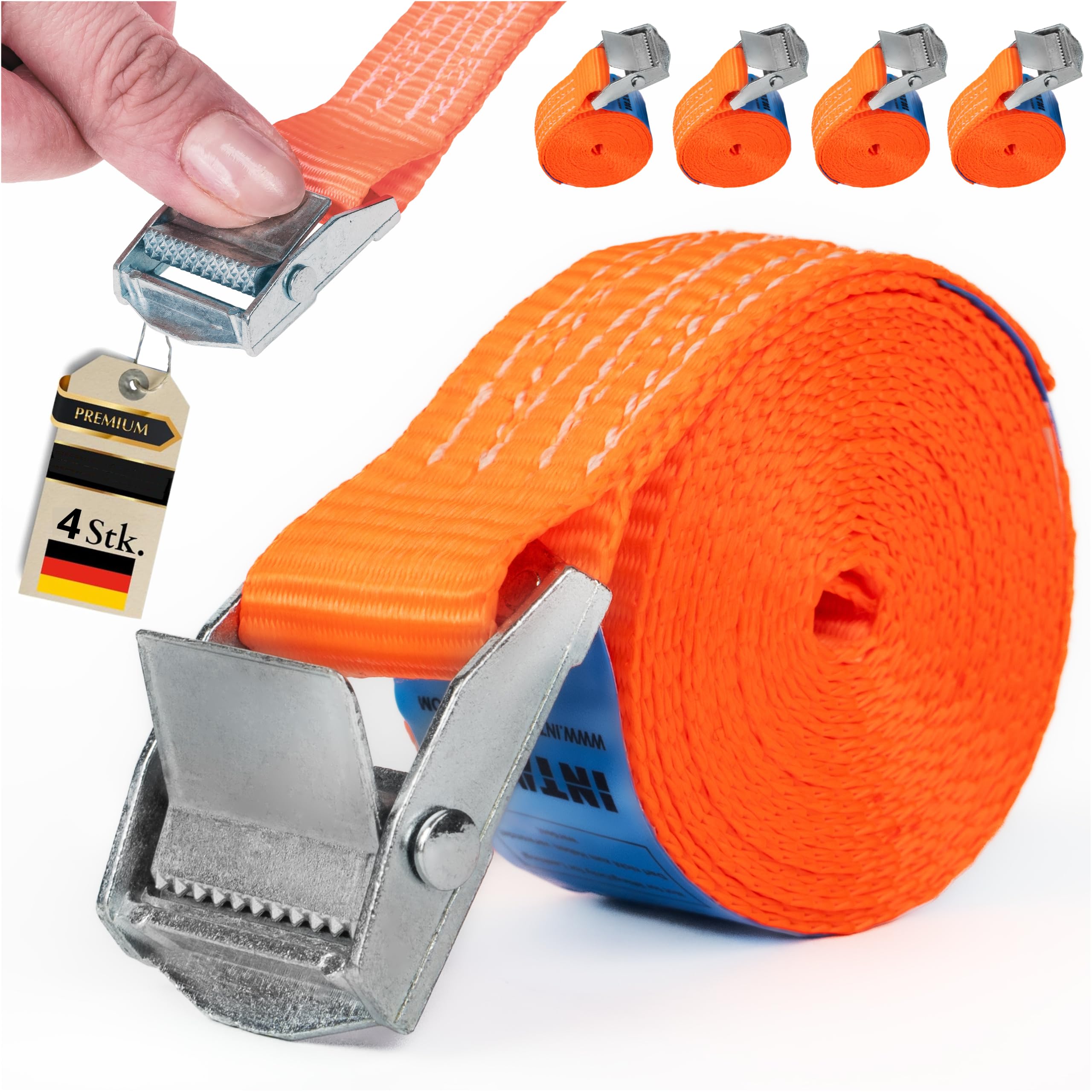 INTAKO Spanngurte mit Klemmschloss 25 mm x 250 kg - 4 Stück - DIN EN 12195-2 - Gurte zum Befestigen - Zurrgurt mit Schnellverschluss - Gurtband für Fahrräder, Trolleys (4m)