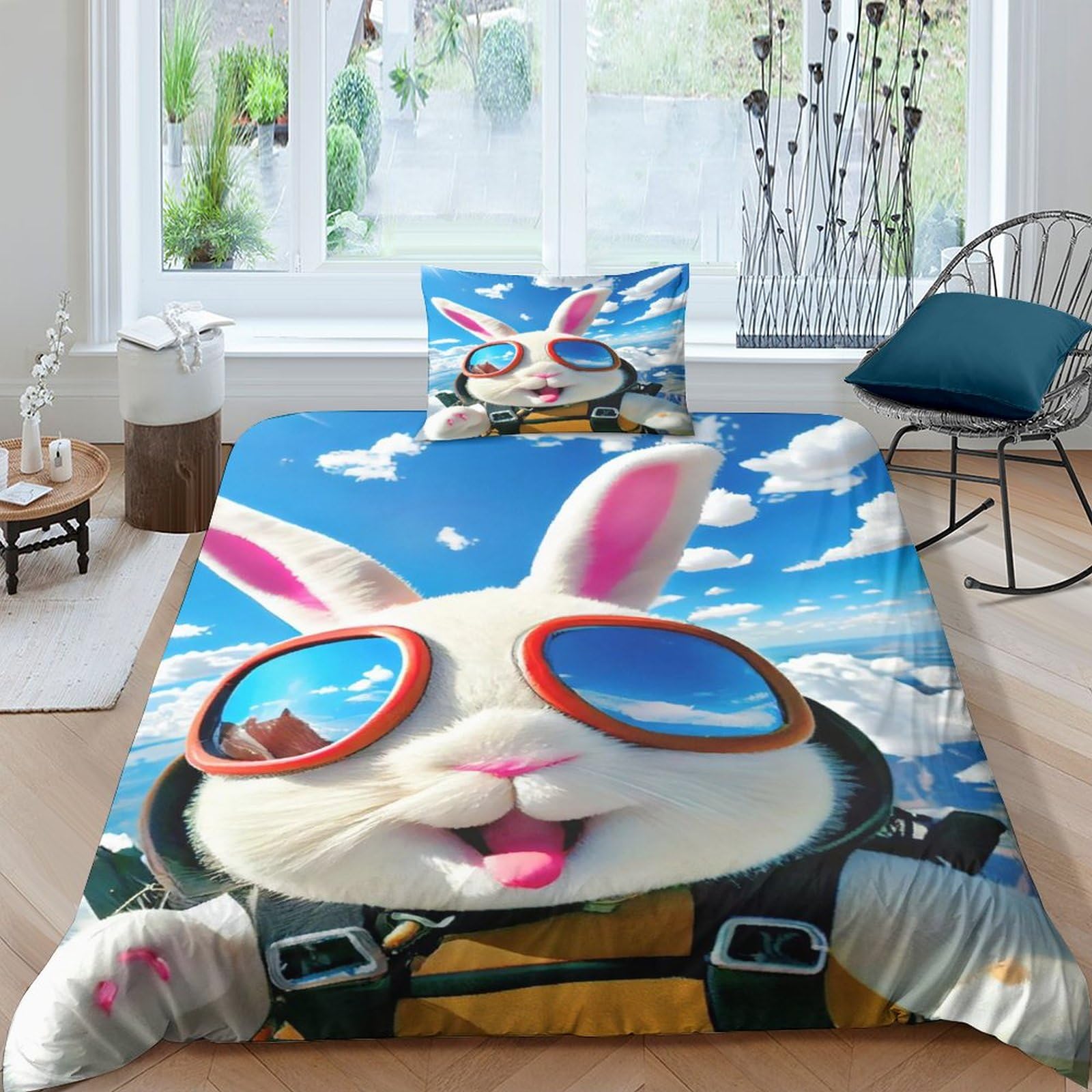 Housse de couette lapin 3 pièces en coton microfibre facile à laver et infroissable
