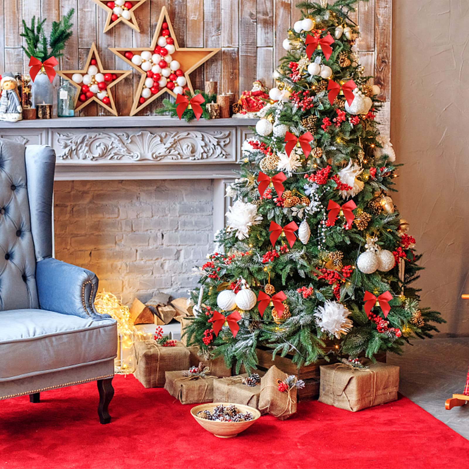 Figarge Lot De 16 Nœuds De Noël Avec Clochettes - Déco Sapin Couronne - Rouge/Doré/Noir
