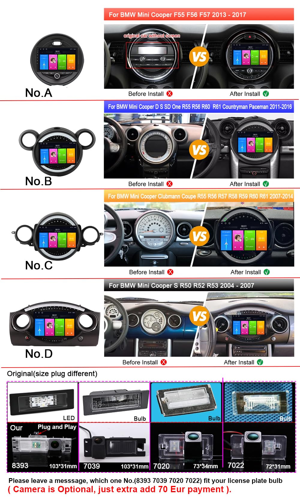 Autoradio Android BMW Mini Cooper R56 F55 F56 F57 avec Navigation GPS WiFi, Bluetooth, Phone Mirrorlink + Caméra de Recul HD pour John Works/One First/One D/SD 2013-2017