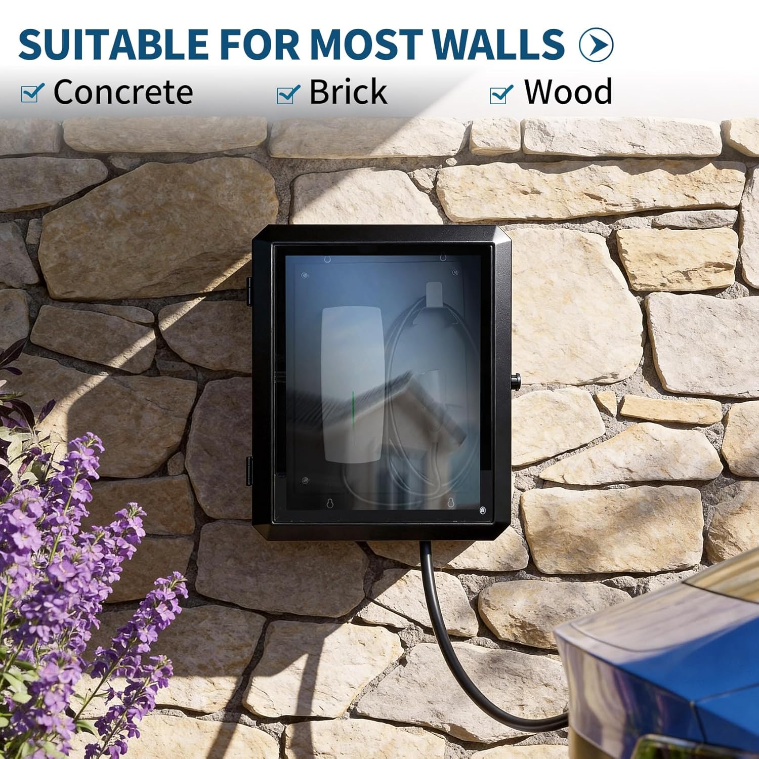 Universal EV Charger Enclosure Outdoor Box, Multiple Cable Entry Lock Box, Compatible with Tesla Model Y/3/S/X, Weatherproof Anti-Theft Enclosure-Fit Most EV Chargers