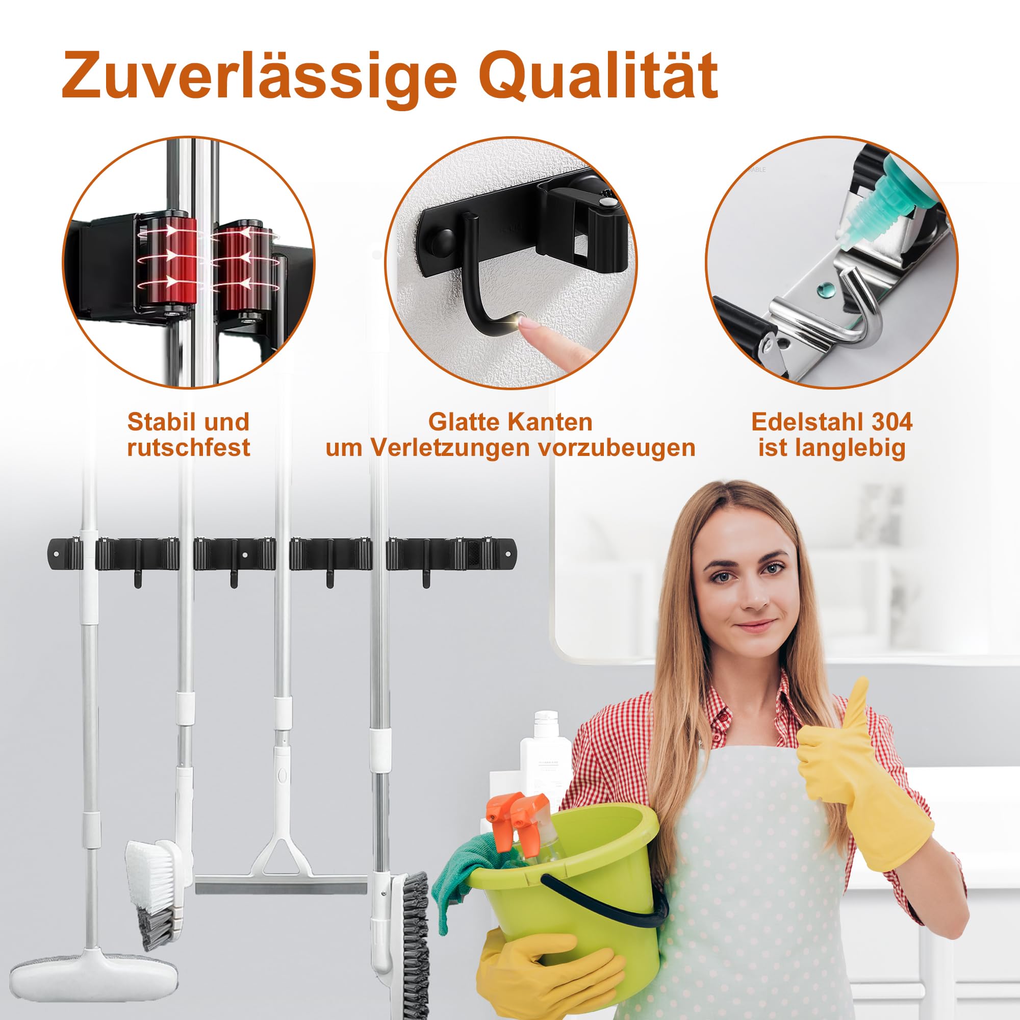 3 Stück Besenhalterung Wand, 15 Halter + 12 Haken Edelstahl Gerätehalter, Selbstklebend Gartengerätehalter and Besenhalter, Schwarz Wandhalterung Aufhänger für Besen