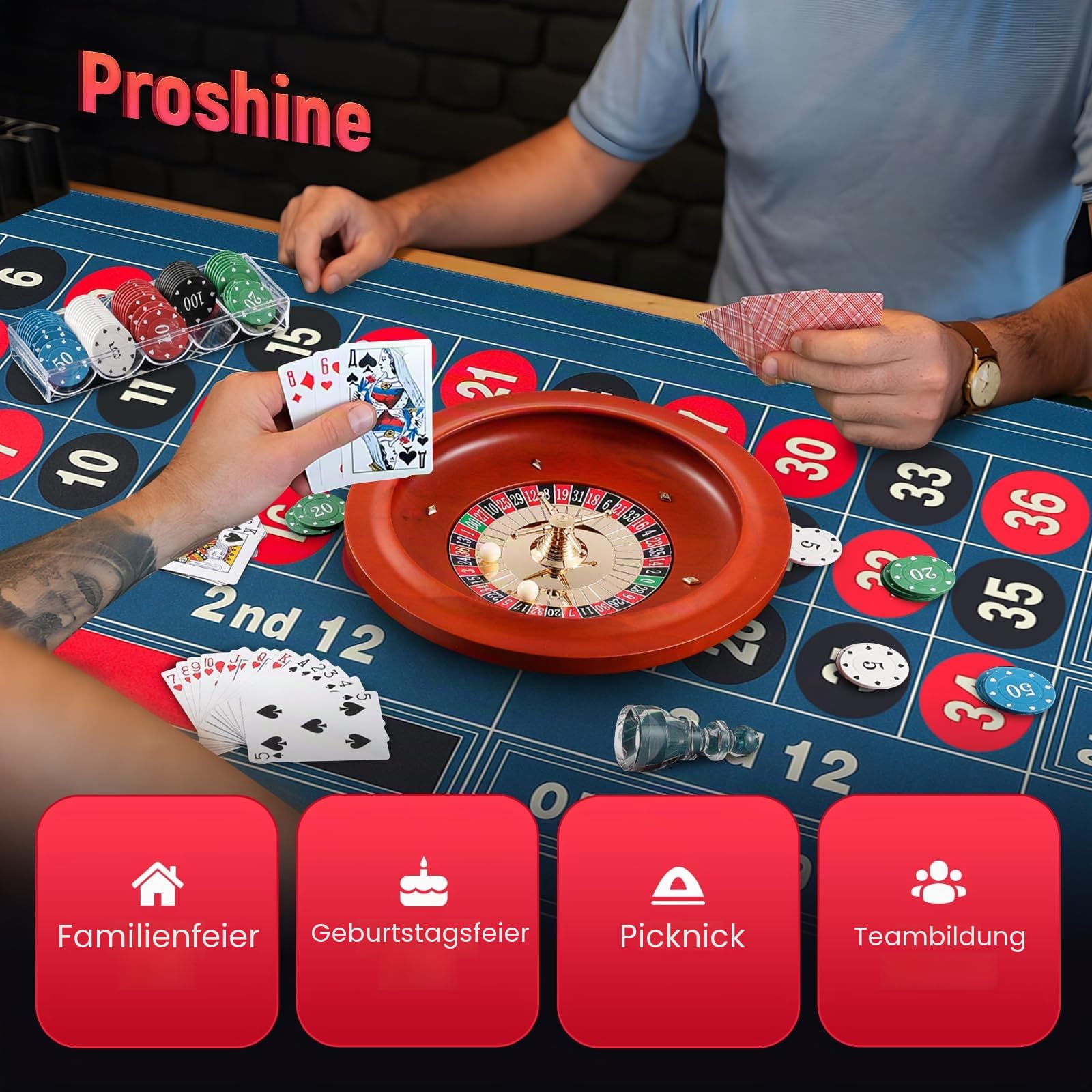 27,9 cm Roulette-Rad-Set: Solides Roulette-Rad mit 120 x 60 cm Roulette-Tisch-Layout, Filzmatte, 100 ABS-Poker-Chips, Roulette-Gewinnmarker, 2 Spielkartendecks, Casino-Spielsets