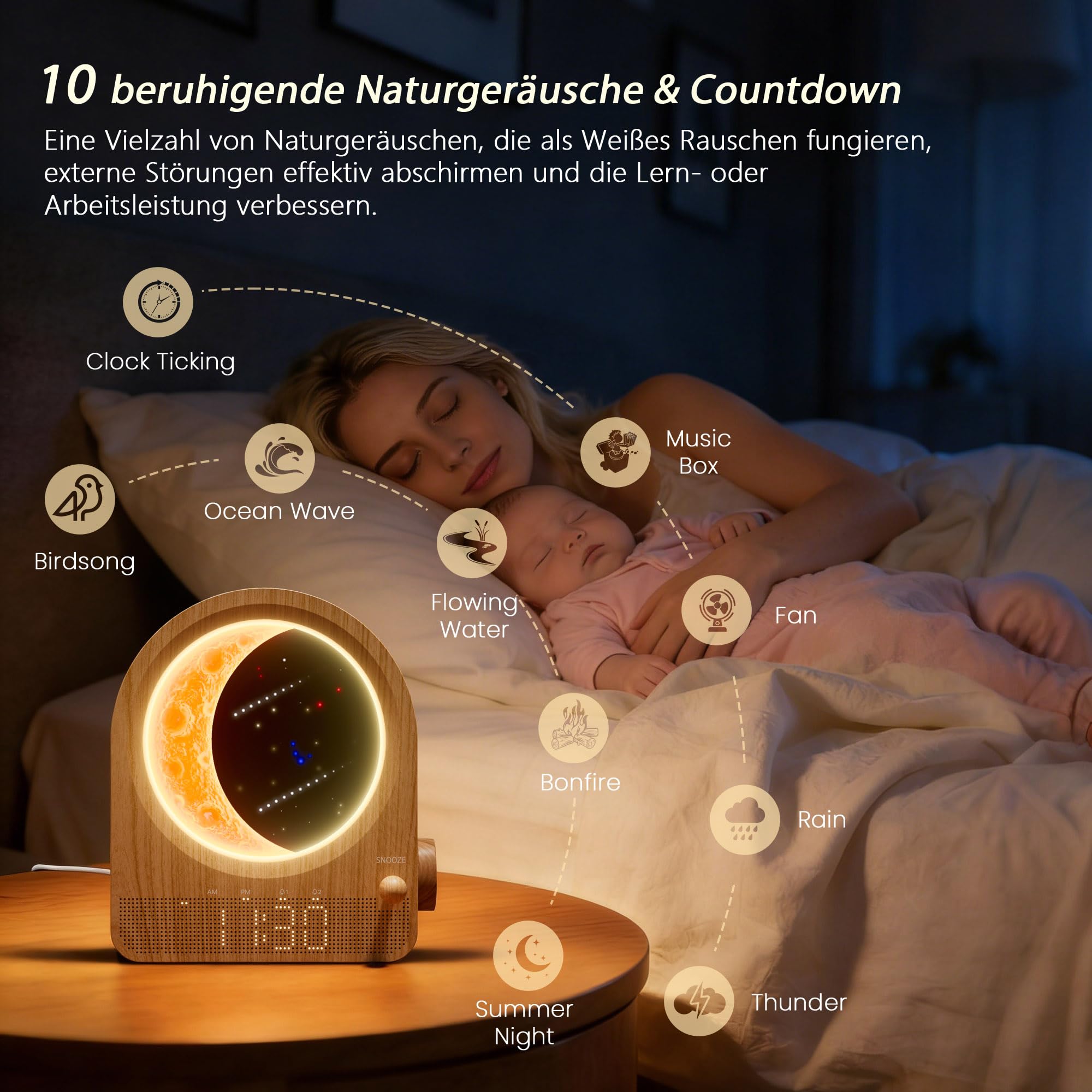 blonbar Wecker & Mondlampe, Nachttischlampe mit Lichtwecker, Tageslichtwecker, Nachtlicht mit 3 Helligkeitsstufen,10 Natürliche Klänge, Ideal für Schlafzimmer