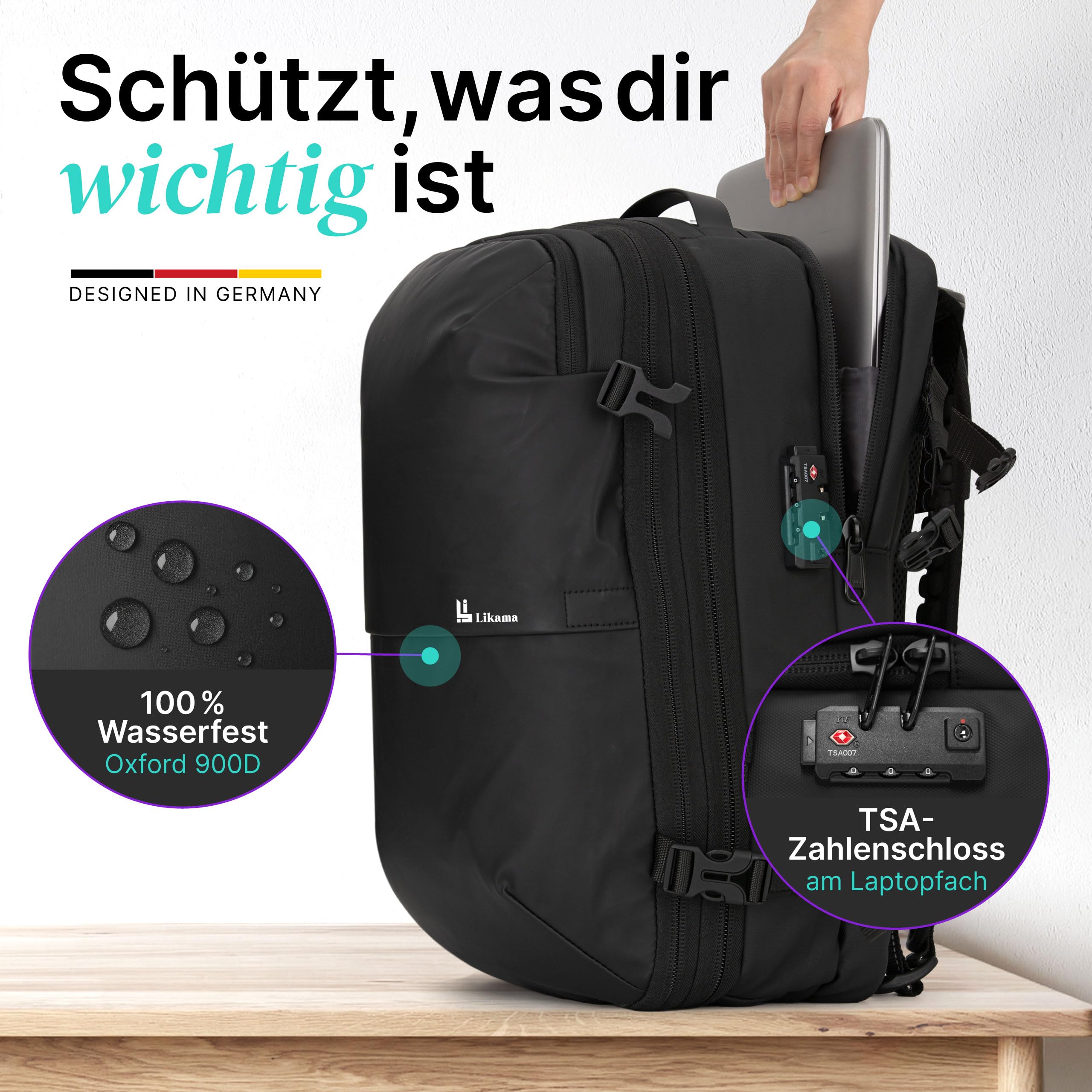 Vakuum Rucksack 25–60 L mit integrierter USB-C Pumpe – Kompressions-Reiserucksack Handgepäck, erweiterbar & wasserdicht mit Nassfach, Laptopfach 17 Zoll, TSA Schloss, Business und Reisen schwarz