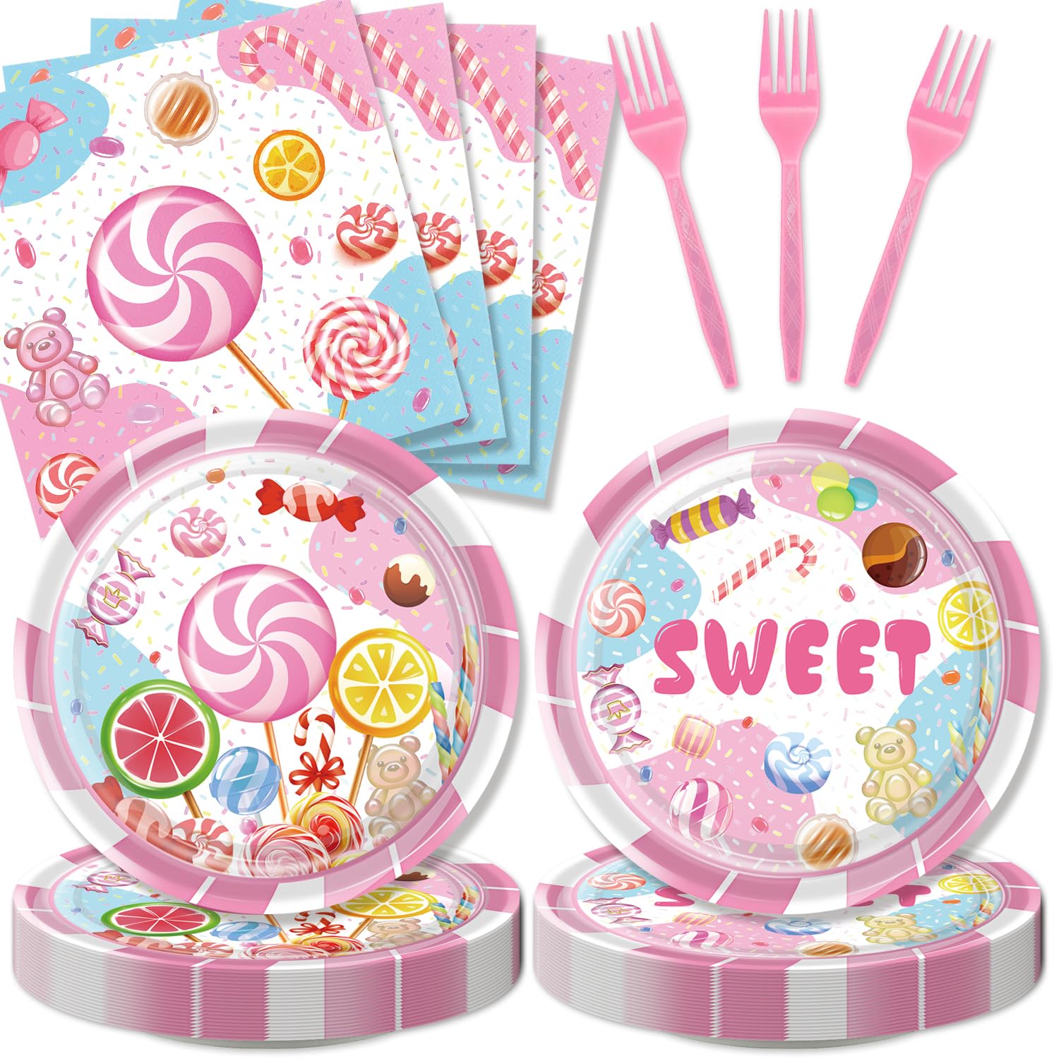 96Pcs Candyland Party Supplies Candy Lollipop Tableware Set Plates Napkins Forks Serves 24 Guests Sweet Dessert Candyland Baby Shower Birthday Party