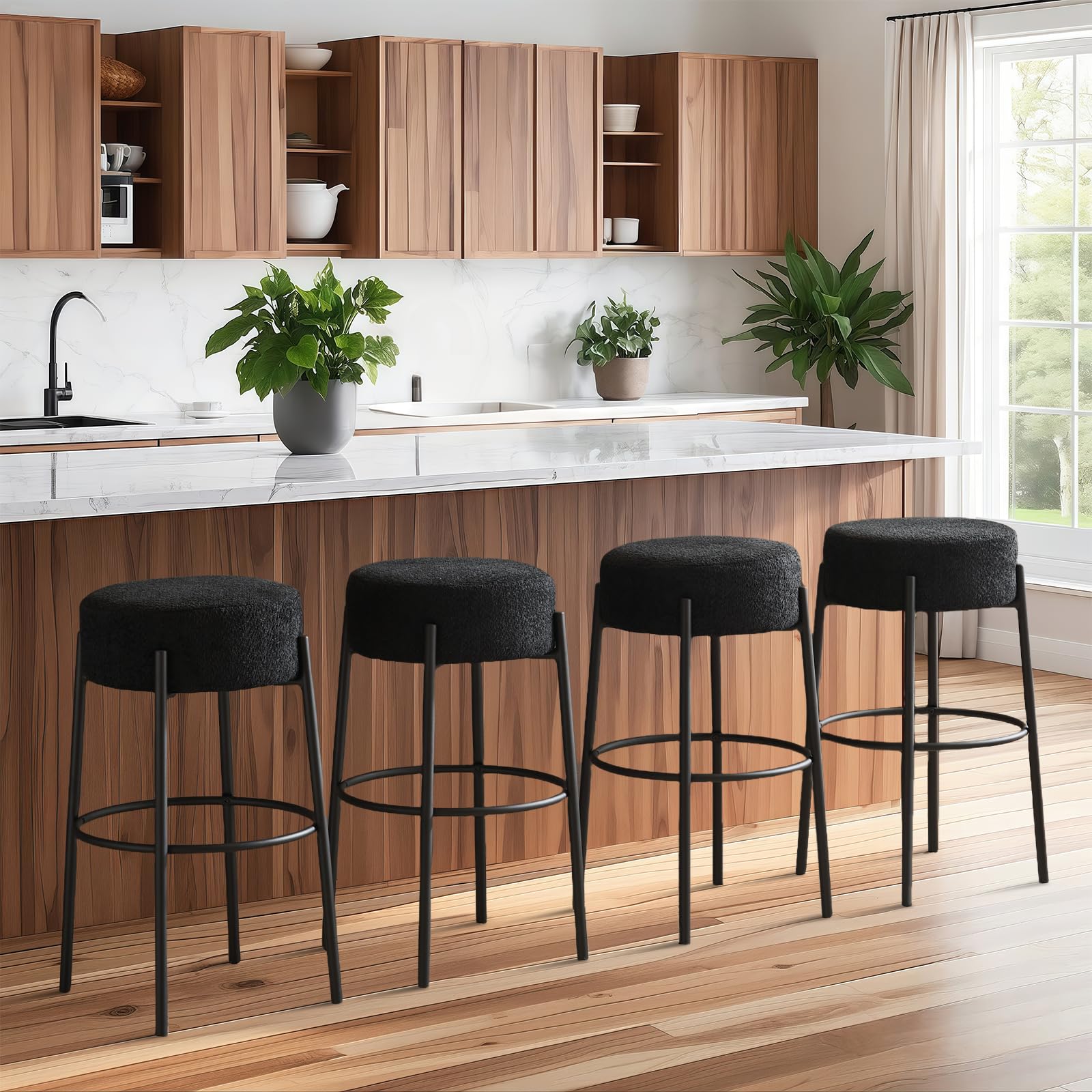 Bar Stools Set of 4,30" Counter Height Stools with Round Soft Padded Boucle Backless Seat and Black Metal Legs,Upholstered Barstools for Kitchen Island,Black