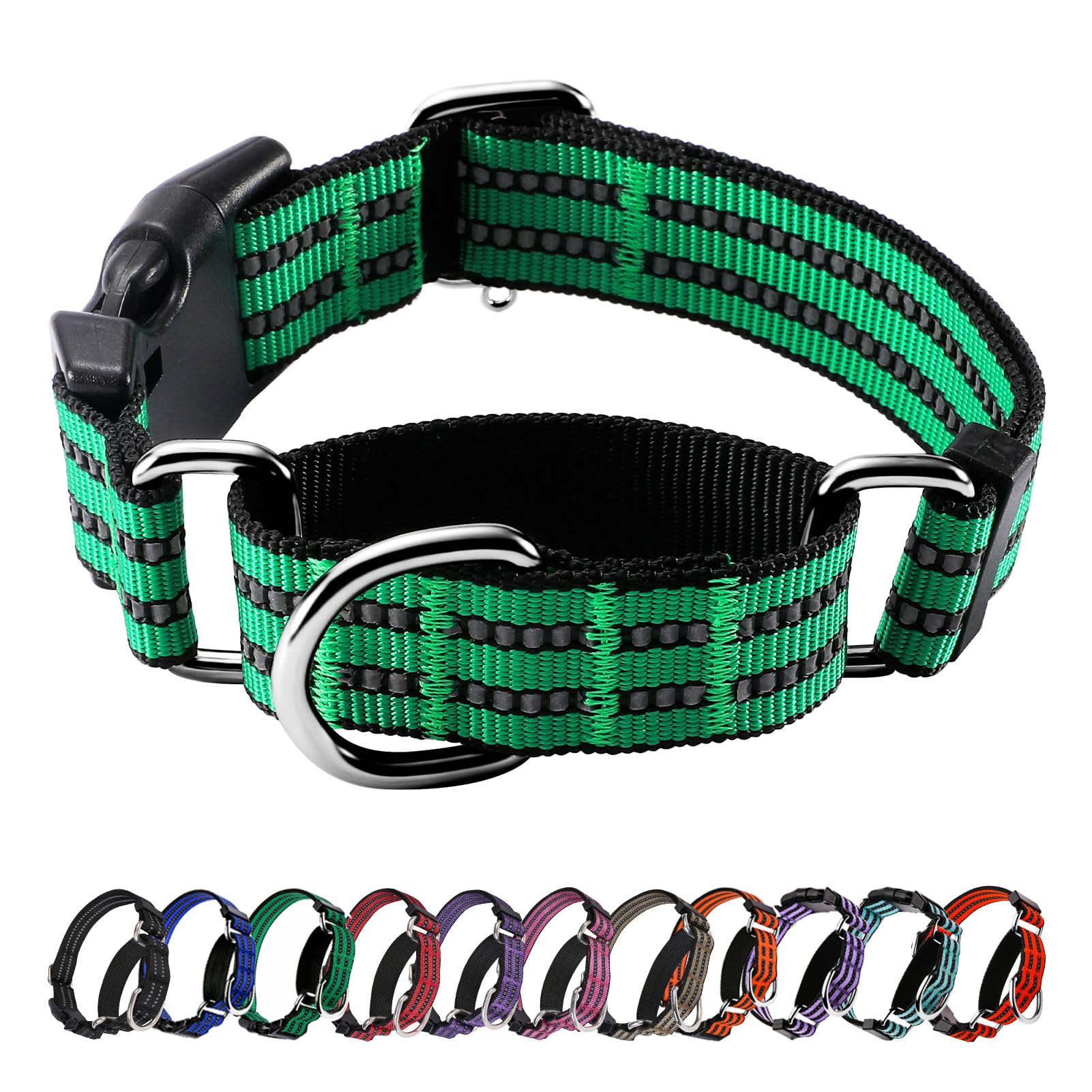 Hikiko Martingale Dog Collars Reflective Nylon Dog Collar with Quick Release Buckle Adjustable Training No Slip Dog Collar (Small, Green)