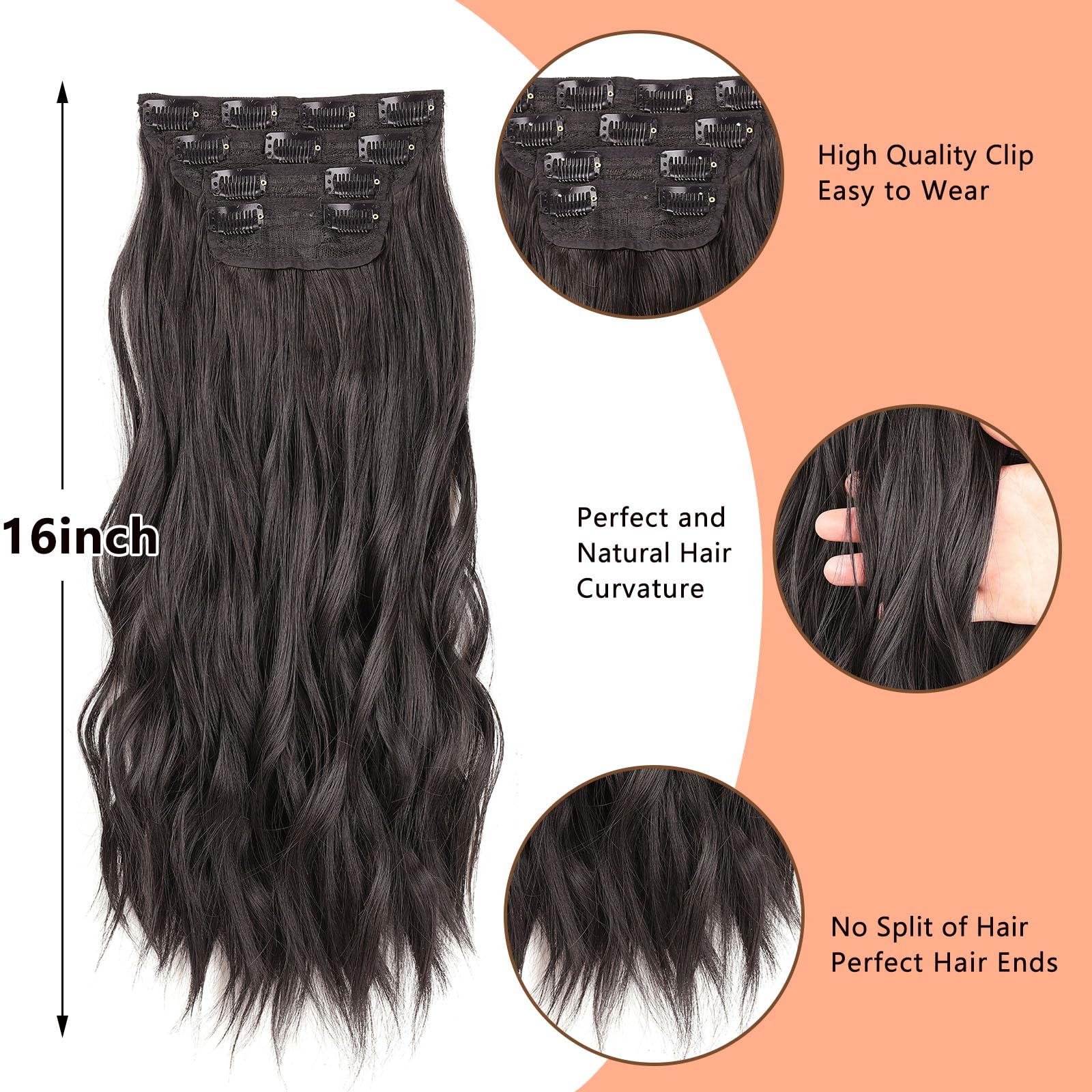 Mscat Clip-in Wavy Hair Extensions - 4PCS Thick Hairpieces, Black & Brown Fiber, Double Weft, 16 Inch for Women (2#) - Image 3