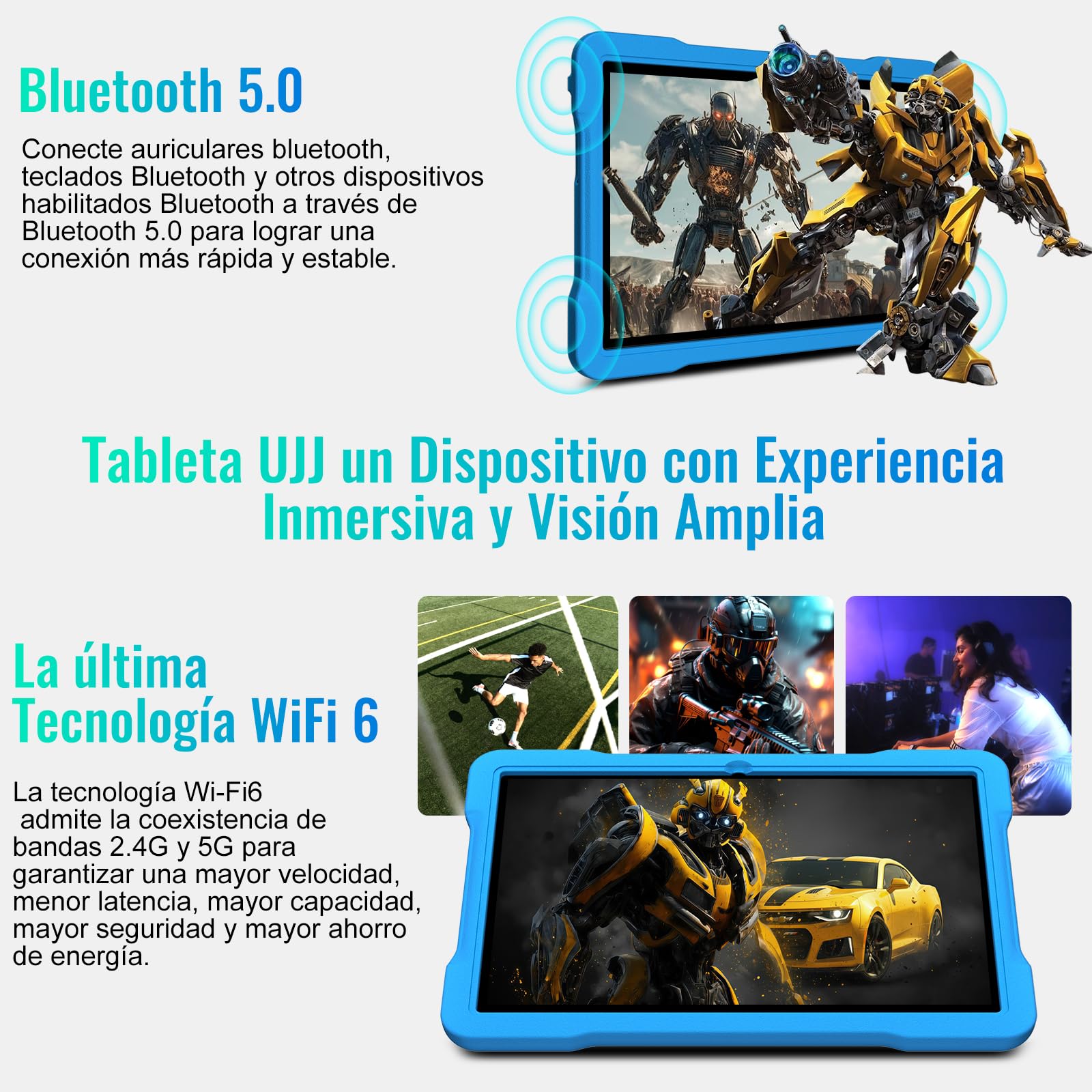 Tablet Android 15 10 Pulgadas con Core-Octa | 30 GB RAM + 64 GB ROM (TF / 2TB) |5MP + 8MP | Giochi Software Educativo (iWAWA) | 1280 * 800 Píxeles | Widevine L1 5G + 2.4G WiFi6 | Tablet EVA Case, Blue