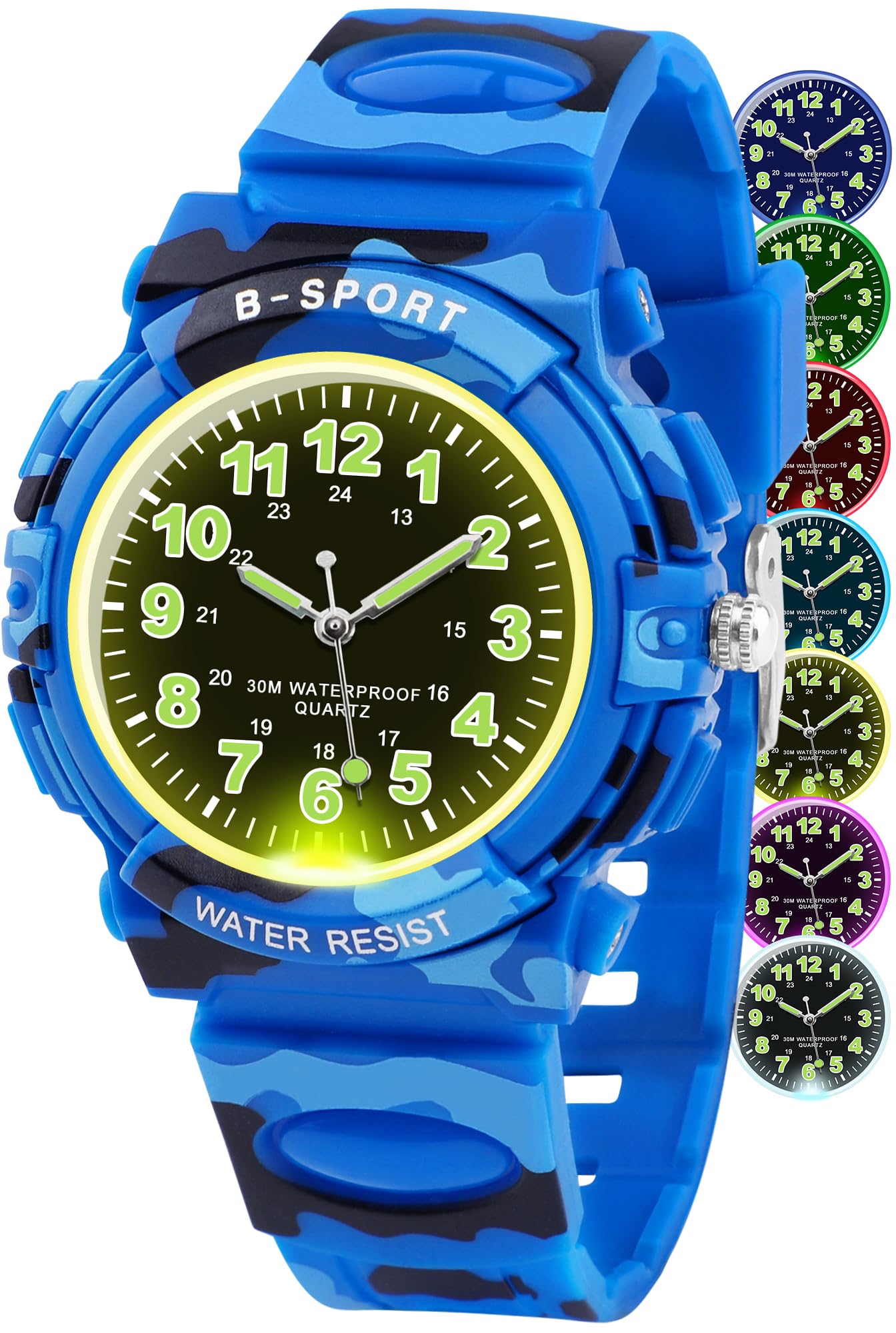 GUUMUXIN Analoge Kinderuhr mit Bunten Lichtern für Jungen und Mädchen, 30M wasserdichte Lernuhr TPU Armband Outdoor Sportuhr für 5-16 Jahre