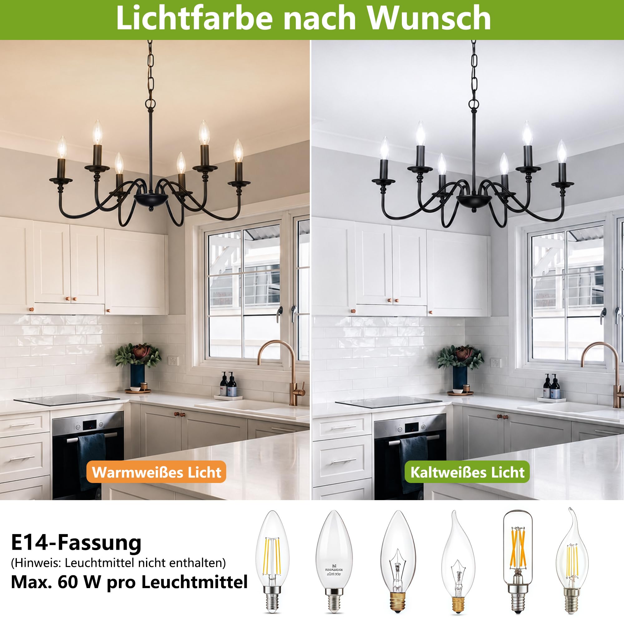 Alighting Kronleuchter Schwarz 6 Flammig, Vintage Landhaus Lüster | Höhenverstellbare Pendelleuchte Kerzen Design für Esszimmer Wohnzimmer Küche Schlafzimmer, E14(Ohne Leuchtmittel)