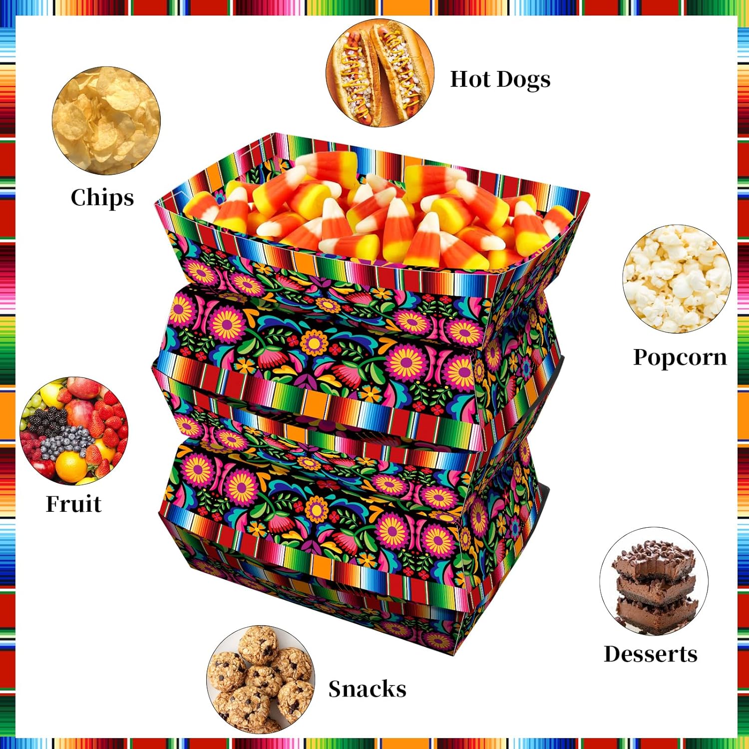 No Folding Required 100 Pack 2 Lb Fiesta Plates Mexican Food Trays Floral Stripe Design Disposable Paper Serving Containers Boats for Taco Nights Nachos Fries Popcorn Snacks
