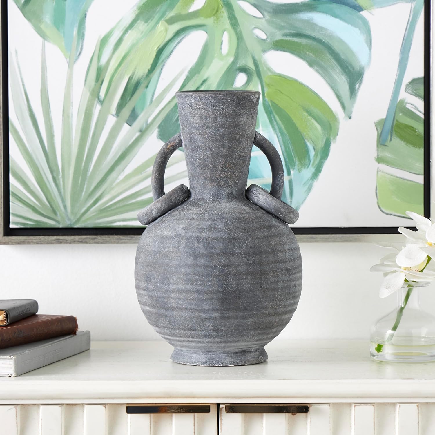 Deco 79 Ceramic Decorative Vase Textured Whitewashed Centerpiece Vase with Ring Handles, Flower Vase for Home Decoration 9" x 8" x 13", Gray