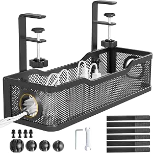 Under Desk Cable Management Tray Black, Cinati Cable Management Under Desk No Drill, Cable Tray with Clamp for Desk Wire Management,Desk Cable Management Box for Office, Home - No Damage to Desk