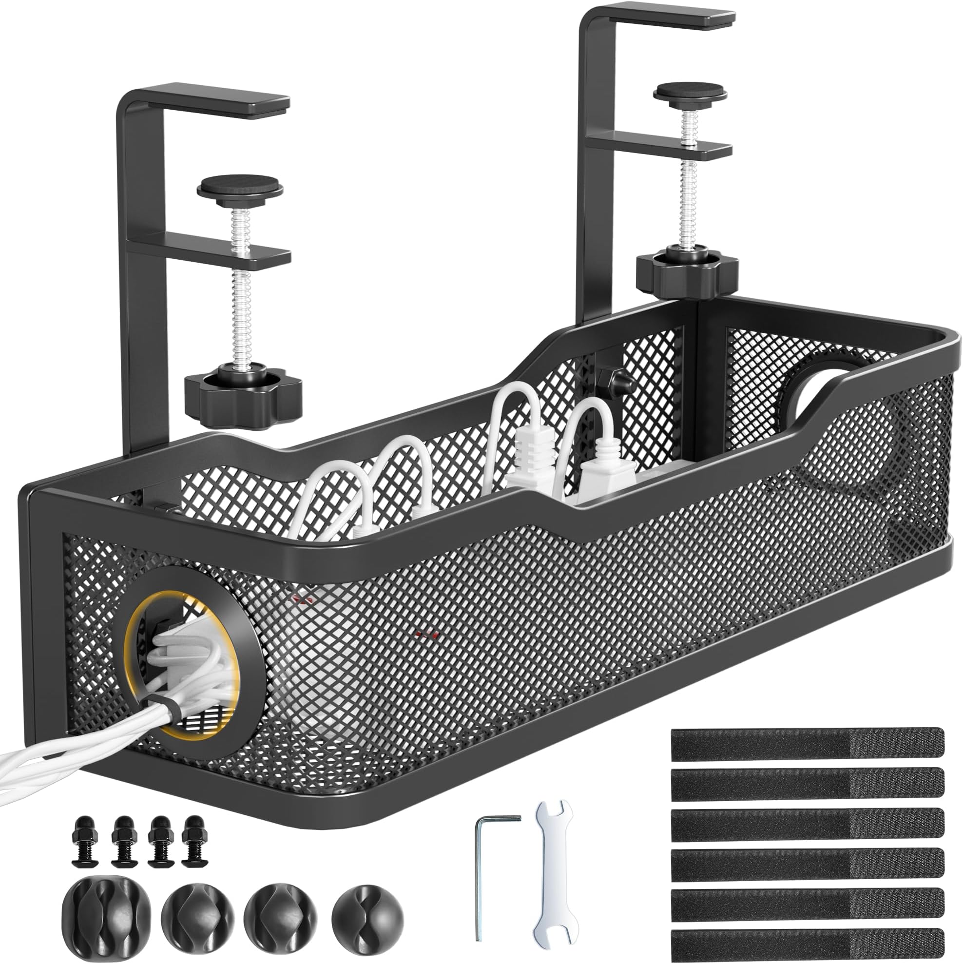 Cinati Under Desk Cable Management Tray Black, Cable Management Under Desk No Drill, Cable Tray with Clamp for Desk Wire Management,Desk Cable Management Box for Office, Home - No Damage to Desk