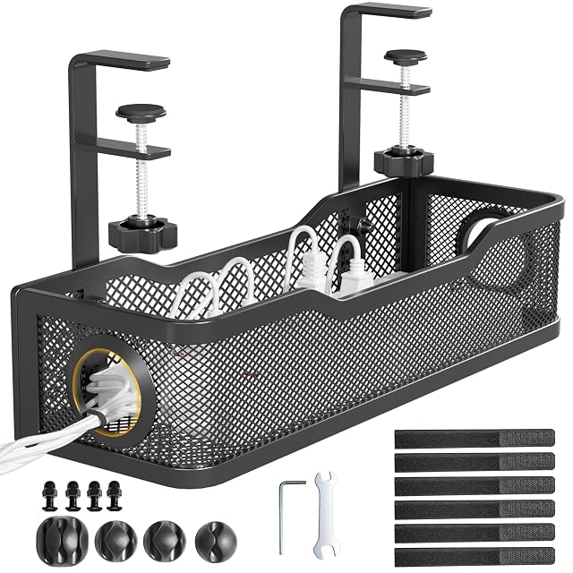 Under Desk Cable Management Tray Black Cinati Wire Organizers No Drill Cable Tray with Clamp for Wire Management