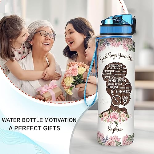 Miniatura 10 de Dios dice que eres una botella de agua motivacional de 32 onzas, botella de agua afroamericana negra con marcador de tiempo, regalos para mujeres