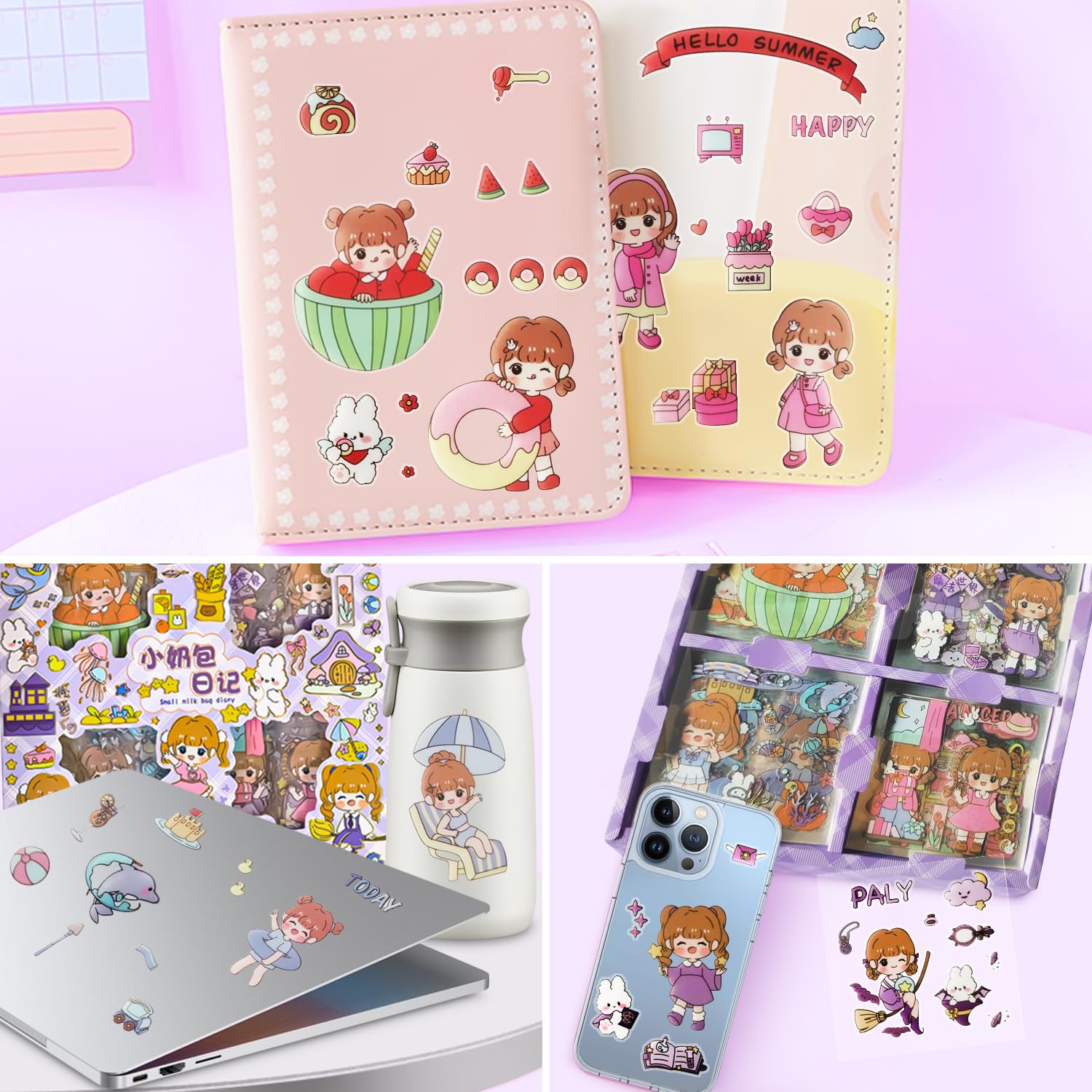 100 Blätter Kawaii Sticker + 12 DIY Anhänger – PET-transparent, Scrapbooking-tauglich, Für Tagebuch, Laptop & Geschenke